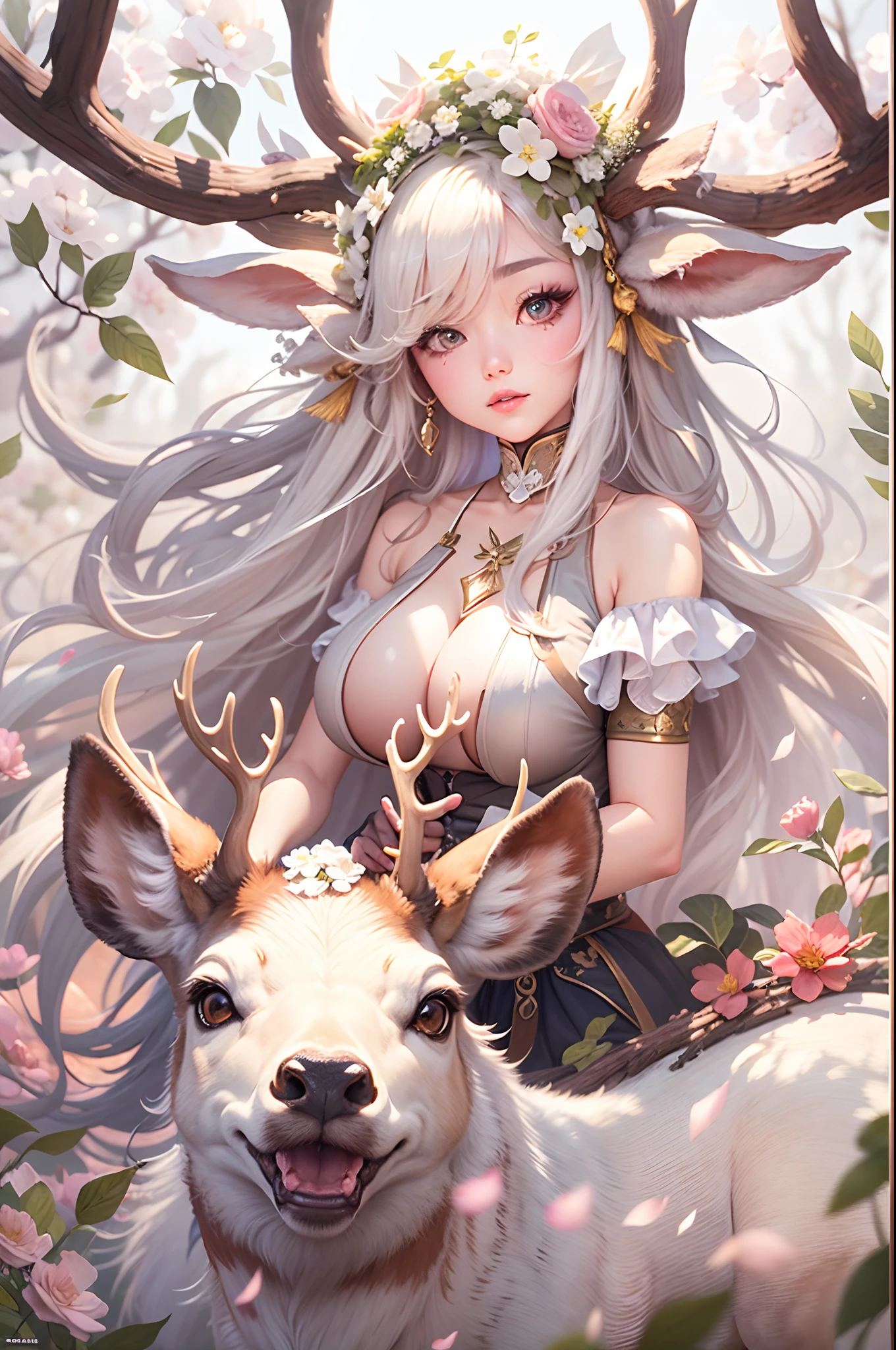 (masterpiece), (best quality), 8k resolution, 1girl, Asian girl, stunning beauty, perfect face, big breast, mature female, 20yo, sexy, deer ear, huge deer horns, long hair, white hair, riding a deer, simple background, full body, deer body, white flowers at background