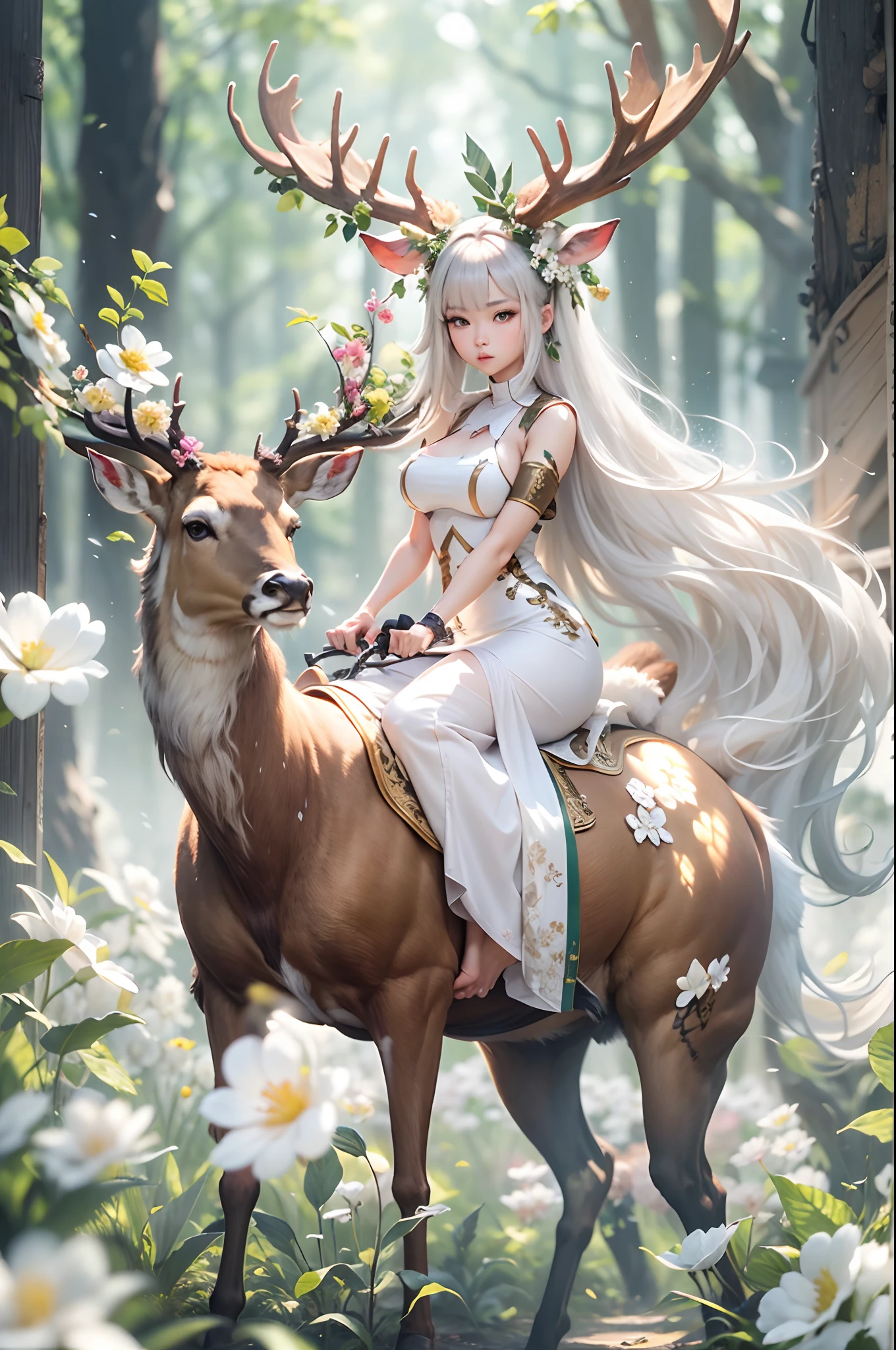 (masterpiece), (best quality), 8k resolution, 1girl, Asian girl, stunning beauty, perfect face, big breast, mature female, 20yo, sexy, deer ear, huge deer horns, long hair, white hair, riding a deer, simple background, full body, deer body, white flowers at background
