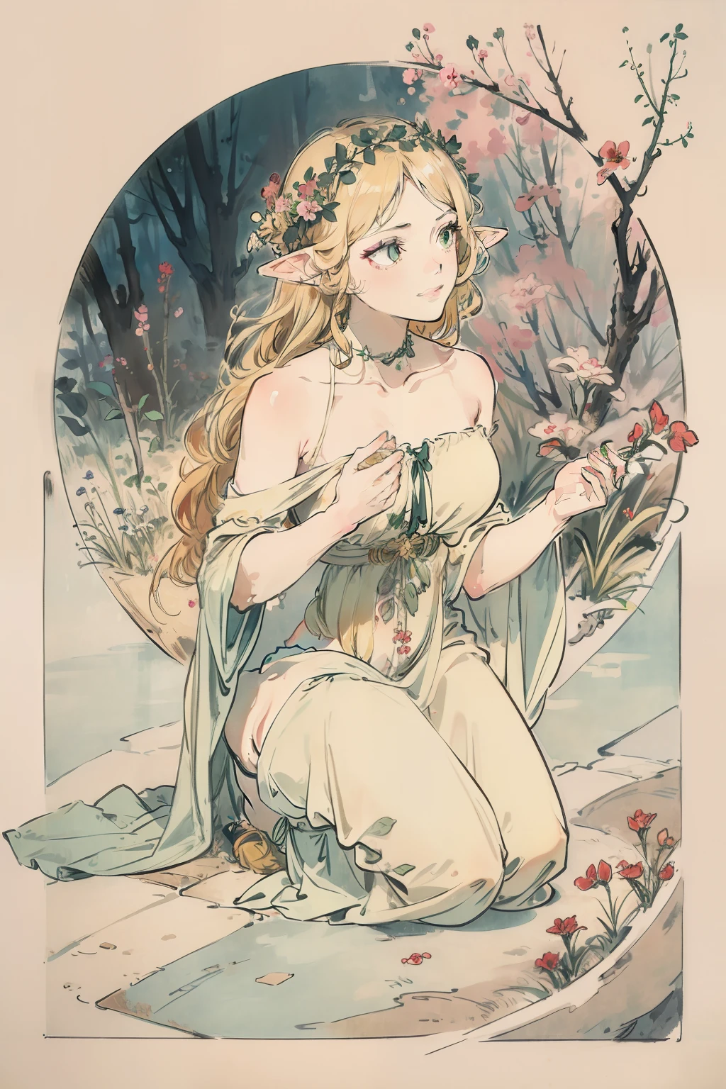 SFW,masutepiece, Best Quality, High resolution, 1girl in, Full body, Details Girl, detail hands, Detail fingers, Detail Face, detail legs, 1girl in, elf, Looking down, Flower Garden, Black sky, smog, watercolor paiting, pale skin, Petite, Blonde hair, Long hair, Wavy Hair, saddened, mournful smile, Green eyes, tareme, medium breasts, white sundress, Bare back, Kneeling, Planting trees