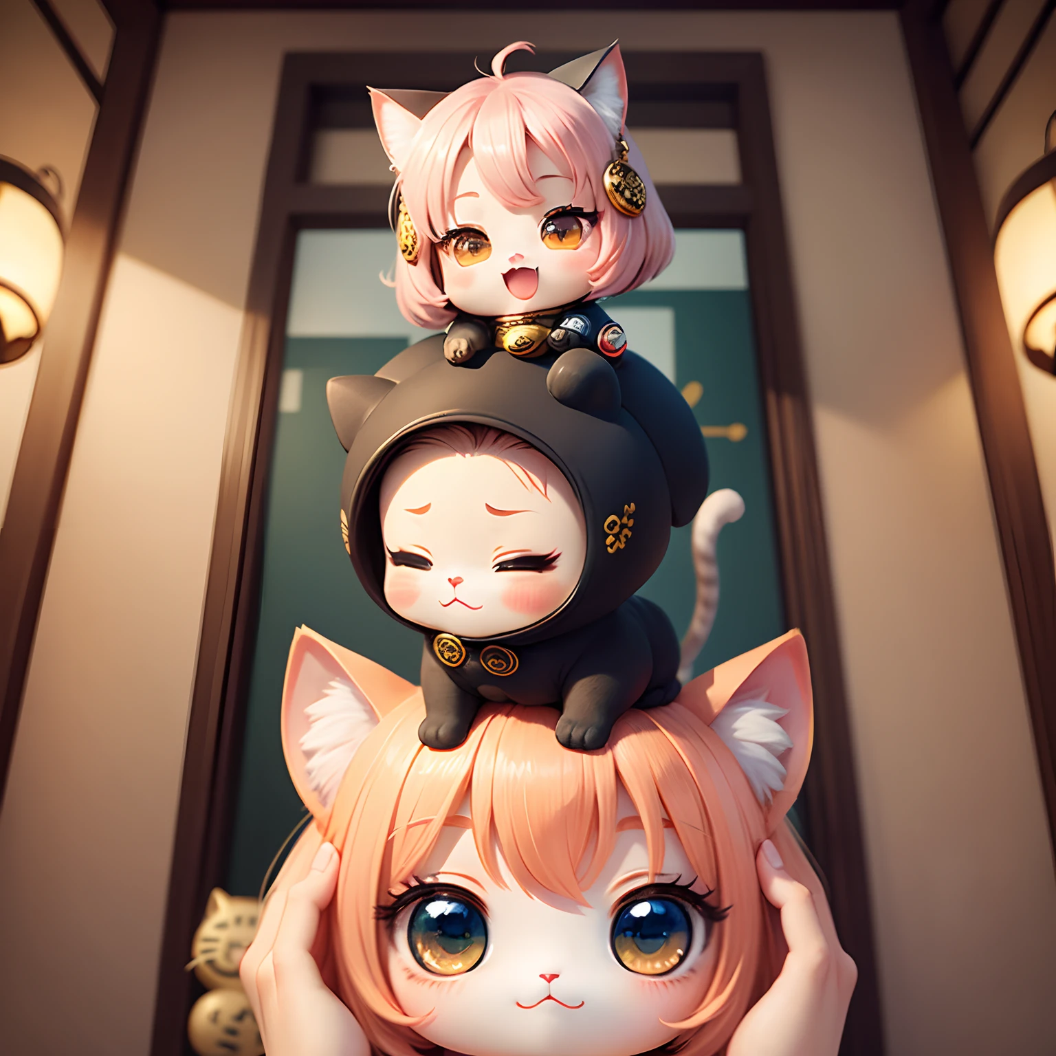 ​masterpiece、top-quality、ultra-detailliert、(Chibi's Maneki Cat Girl:1.3)、Cat Pose、Open your mouth and smile、