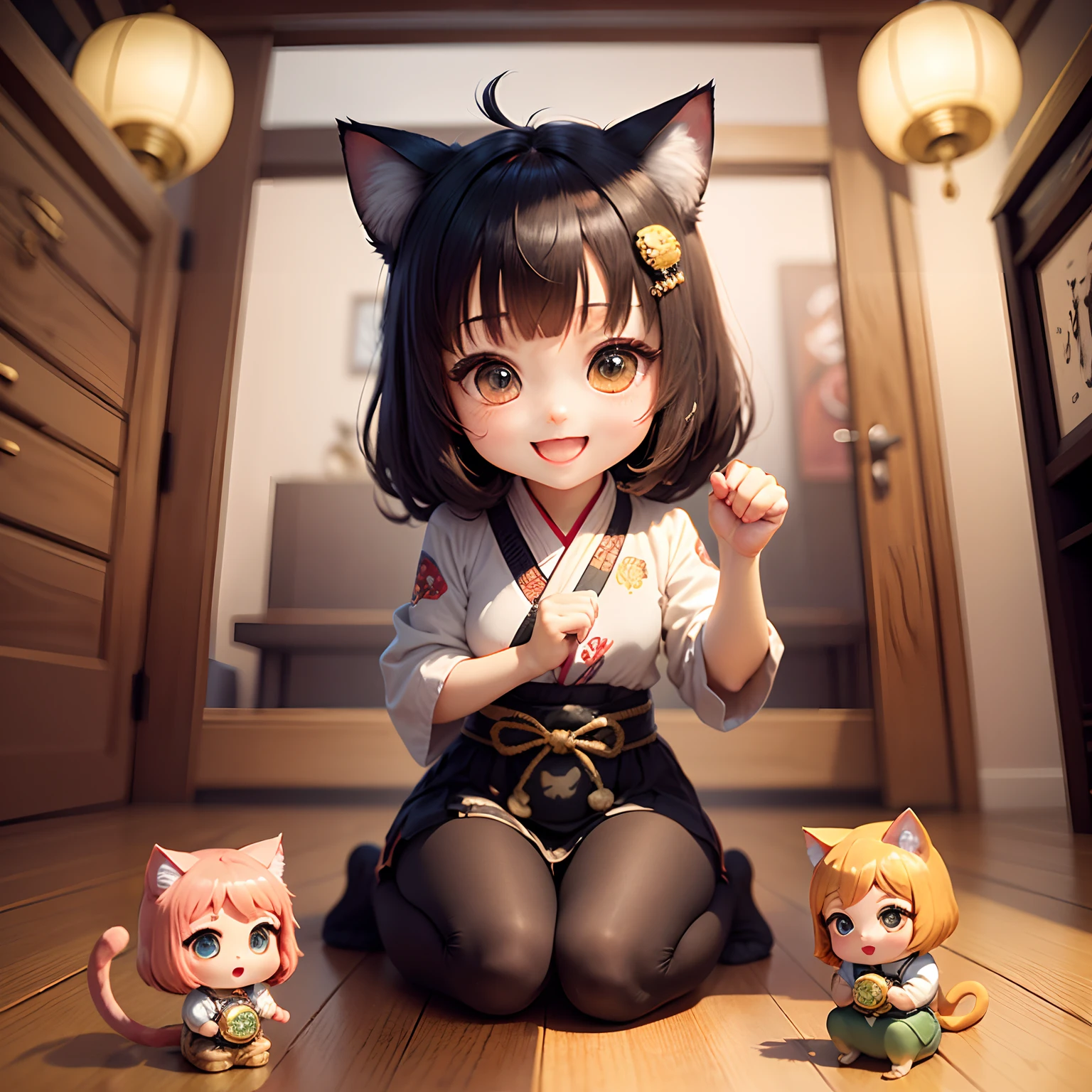 ​masterpiece、top-quality、ultra-detailliert、(Chibi's Maneki Cat Girl:1.3)、Cat Pose、Open your mouth and smile、