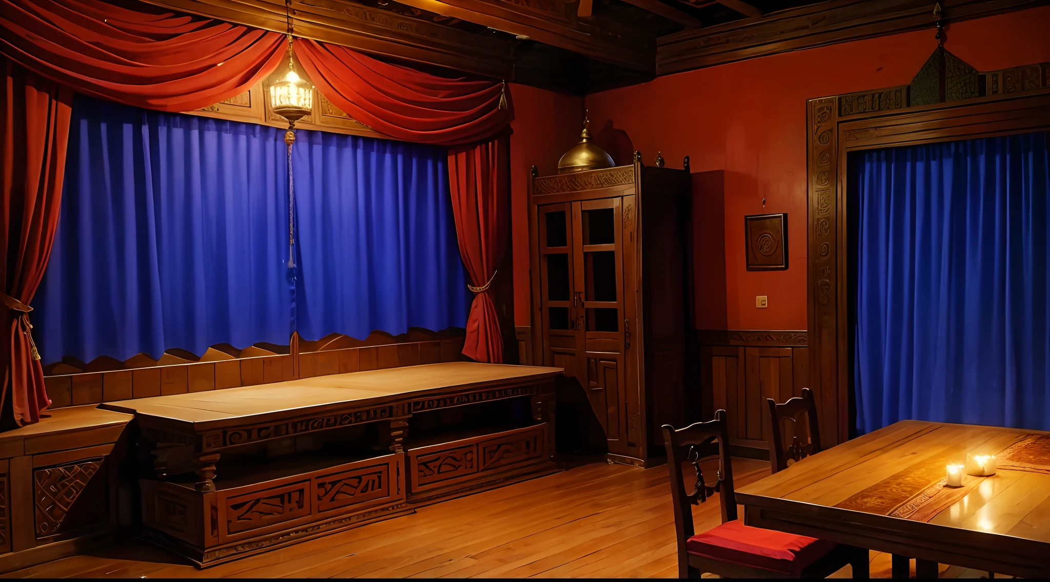 Hookah Room, India, Bharat, indian style, indo-muslim style, mixture of muslim and indian style, 15th cenutry, medieval age, interior, outside the mansion is India random scenery, muslim carpet, indian or hinduism furnitures, india element in architecture, hinduism elements in architecture, humid and wet, wooden furniture, leisurement