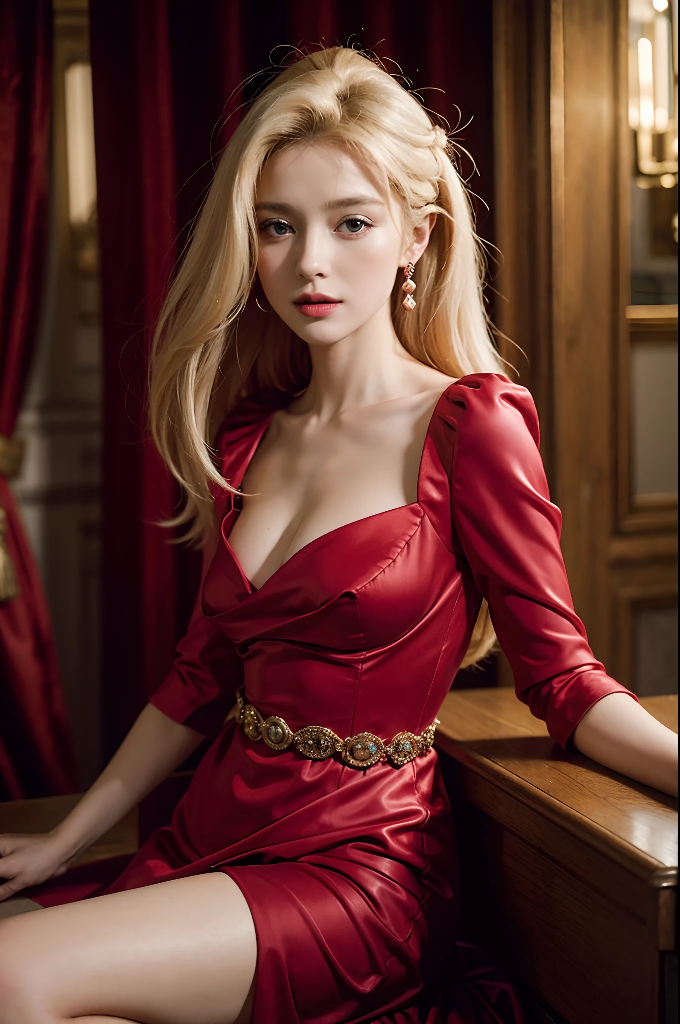 17th century grand duchess of France, 35 year old blonde haired gorgeous female in a noble but slutty fancy red dress.