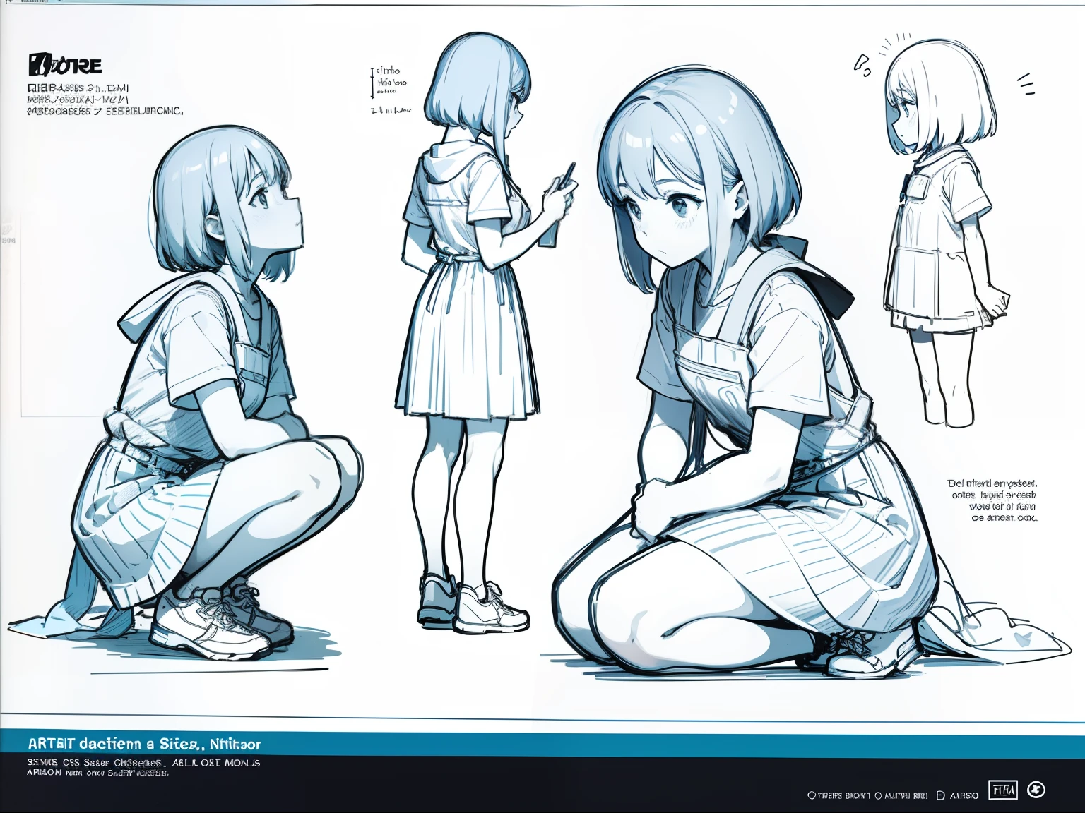 arte oficial, Sketch line diagram,short girl on her knees looking up, side view