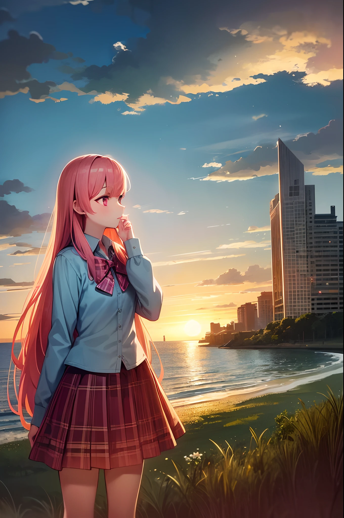 (1girl in, inteiro), (guitar solo), Bubble skirt, aqua shirt, Bow, bowtie, buttoning, Collared shirt, deadpan, eyebrows hidden by hair, Fox Mask, Cowboy Shot, Long hair, Long sleeves, Mask, Colorful buttons, Pink eyes, Pink hair, Orange skirt, Plaid, Plaid shirt, Purple bow, purple bowtie, Shirt, Skirt, Solo, Very long hair, Sea, ocean, Beach, cloudy, Sun'rays, Dusk, Moon, cloud, skyporn, Outdoors, Cloudy sky, fronds, Ruins, sun beam, Post-apocalypse, Side view