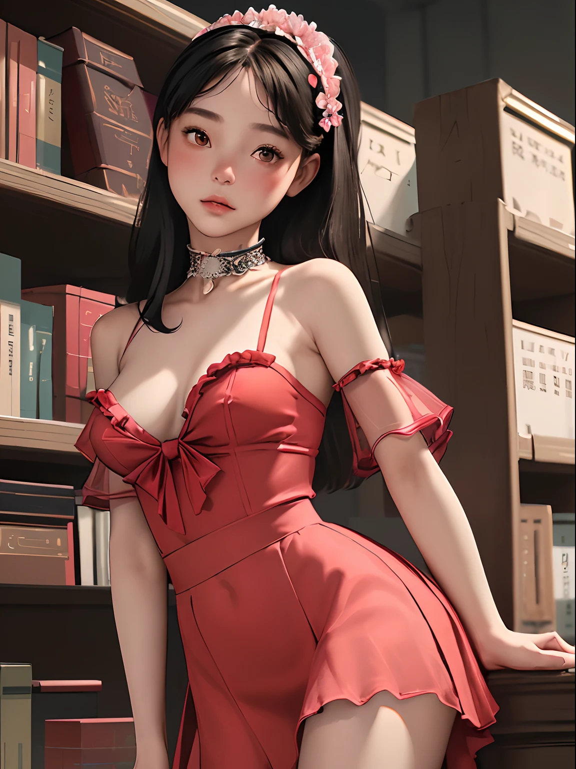 (top-quality、masterpiece), 1girl in, intricate detailes, off shoulders, skirt by the, a choker, frilld, see -through, look at viewr, red blush, The upper part of the body, blurry backround, Contrapo、atlibrary、big breast beauty、Tying hair
