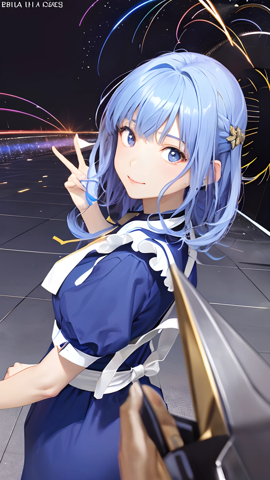 (masterpiece、top-quality、hight resolution、Official art、Beautifully Aesthetic:1.2)、(1girl in)、ighly detailed、(Photorealsitic:1.4)、((Perfect hairstyles:1.3)), (◯◯Color hair:1.4), Realistic、colourfull、highestdetailed、face perfect、The upper part of the body、nffsw、(doa:1.3)、(Maids:1.2)、intergalactic、(light streaks)、striking visuals、(Dynamic streaks、Bright trajectory:1.2)、vivd colour、