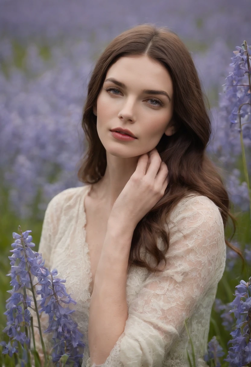 a woman laying in a field of bluebells, looks like young liv tyler, portrait emily ratajkowski, “megan fox, beautifull eyes, beautiful caitriona balfe, david hamilton, :: madison beer, forest plains of yorkshire, cottage hippie naturalist, seducing eyes