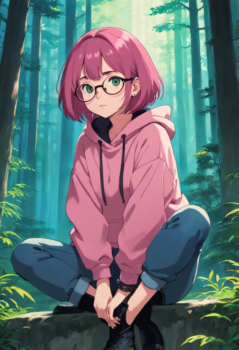 (masterpiece, best quality: 1.2), midnight, forest, dark pink hair, green eyes, pink hoodie, blue jeans, short hair, black eye_glasses, black boots, pale_skin, sleepy, black_earrings, choker, alone, bracelets, 1girl, depressed