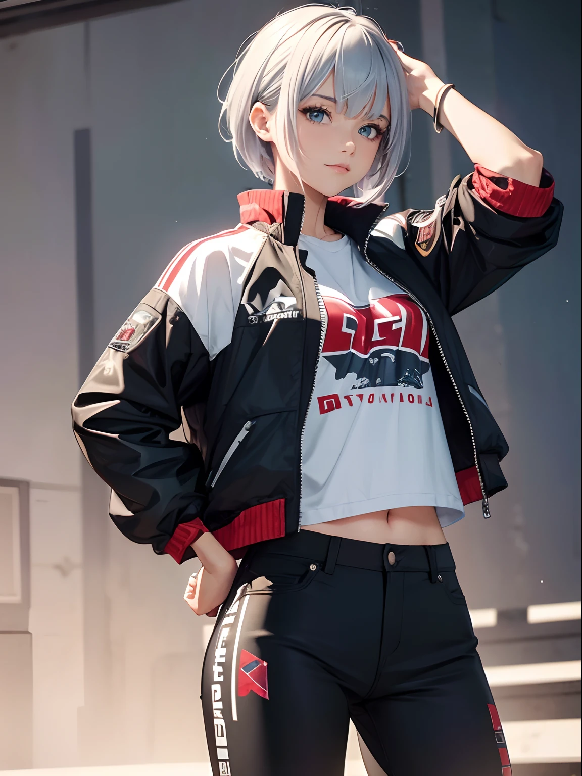 (ultra-realistic, highres, best quality, 4k, professional, cowboy shot), an illustration in Full HD that showcases a 21-year-old girl's cool style. Her Asymmetric Pixie hairstyle, silver hair, and left-facing bangs with red highlights make her stand out. She's dressed in a fashionable jersey jacket and short pants, exuding confidence and individuality.