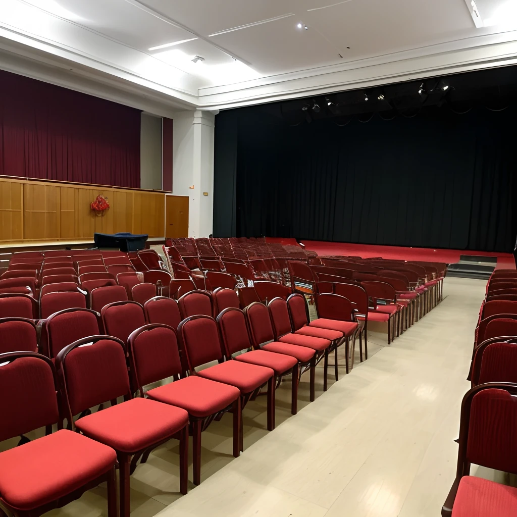 One-storey building. Hall for 200 people. Rows of upholstered chairs. stage. Lectern.
