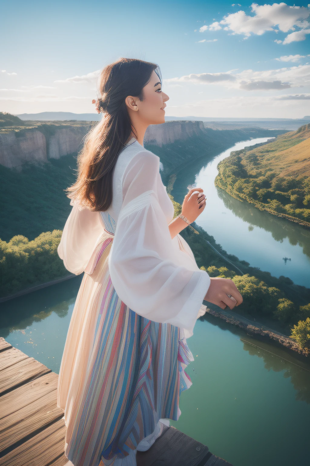 (best quality,4k,highres,ultra-detailed),watercolor style,spectrum art,majestic river panoramic view,back view of a person in traditional costume,overlooking vista,flowing and subtly reflecting water,mixed and splashing colors,crisp lighting and dynamic flickering