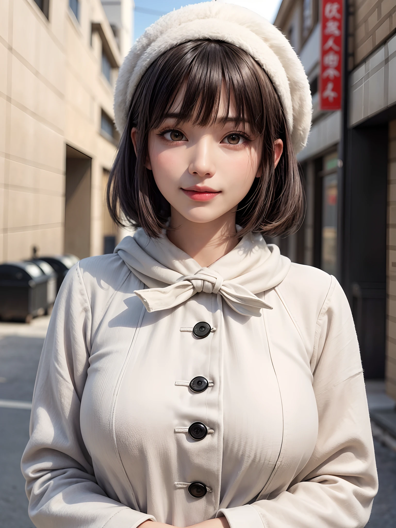 (masutepiece, top-quality),1girl in, 独奏, Black lustrous hair, scarf, Hats, realisitic, looking at the viewers, black eyes of light color, shorth hair, coat, Winter clothes, White headscarf, s lips, lipgloss,bangss,, a closed mouth, The upper part of the body、big eye、Lashes、((Street))、((Shorthair with bangs、big eye、Put very strong highlights in your students、very Bigger breasts、gazing at viewer、Very beautiful beauty、Put all your ears out、long neck、little smiling、Close your mouth and smile、Look firmly at the camera)))、