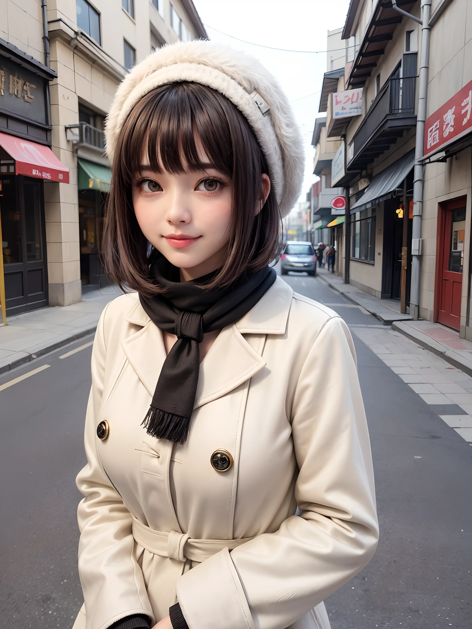 (masutepiece, top-quality),1girl in, 独奏, Black lustrous hair, scarf, Hats, realisitic, looking at the viewers, black eyes of light color, shorth hair, coat, Winter clothes, White headscarf, s lips, lipgloss，bangss,, a closed mouth, The upper part of the body、big eye、Lashes、((Street))、((Shorthair with bangs、big eye、Put very strong highlights in your students、very Bigger breasts、gazing at viewer、Very beautiful beauty、Put all your ears out、long neck、little smiling、Close your mouth and smile、Look firmly at the camera)))、
