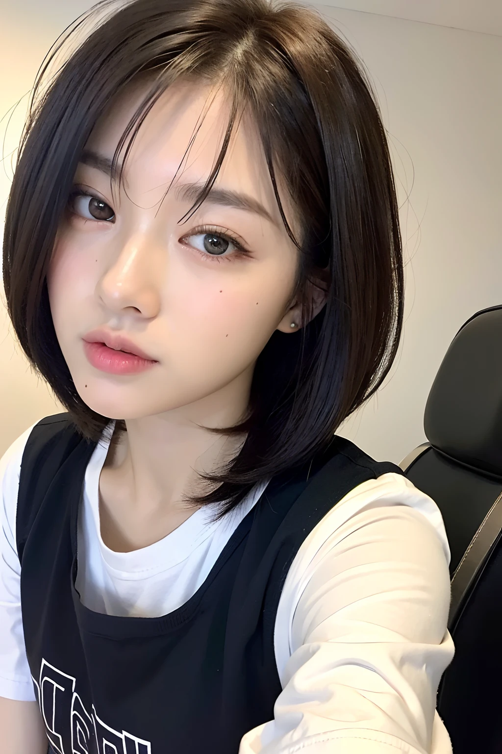 ((Best quality, 8k, Masterpiece :1.3)), Sharp focus :1.2, Perfect Body Beauty:1.4, Slim Abs:1.2, (Layered Short Hair:1.2)), (White T-shirt:1.3),(Chongqing:1.2), Highly detailed face and skin texture, Fine eyes, Double eyelids, mischievous expression,