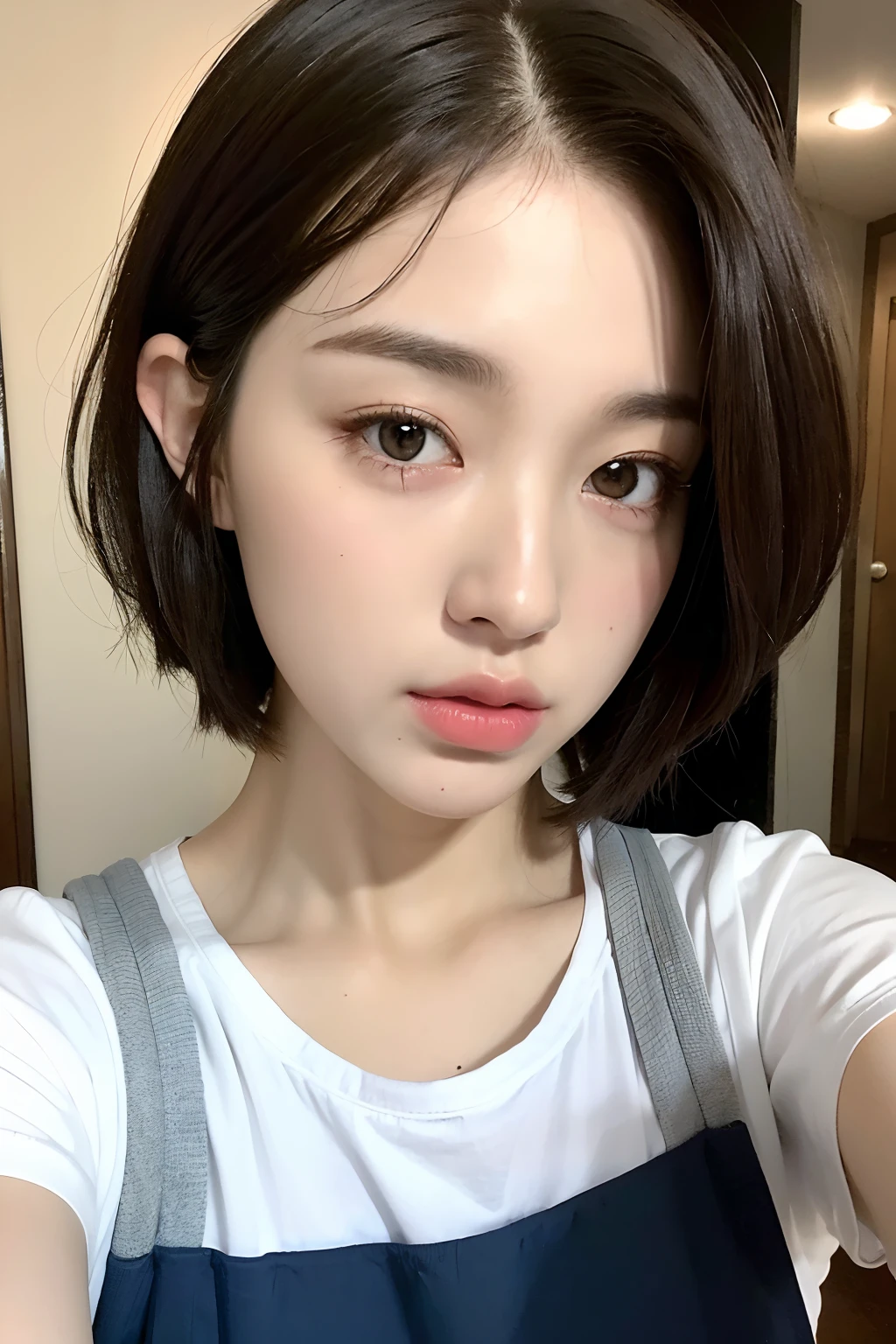 ((top-quality、8K、​masterpiece:1.3))、Beautuful Women、1girl in、(cute little)、Slender Abs:1.1、(random color dress)、((short-hair))、hyperdetailed face、very detailed lips、A detailed eye、二重まぶた、(well-groomed bangs.1.3)、dark brown  hair、big eye、enticing lips、The corners of the mouth rise、Black eye、(Night Party)、cute littleワンアジア人の顔, the face of a beautiful Japanese girl, with short hair with bangs, white hime cut hairstyle、Slender eyes、17-year-old beautiful girl