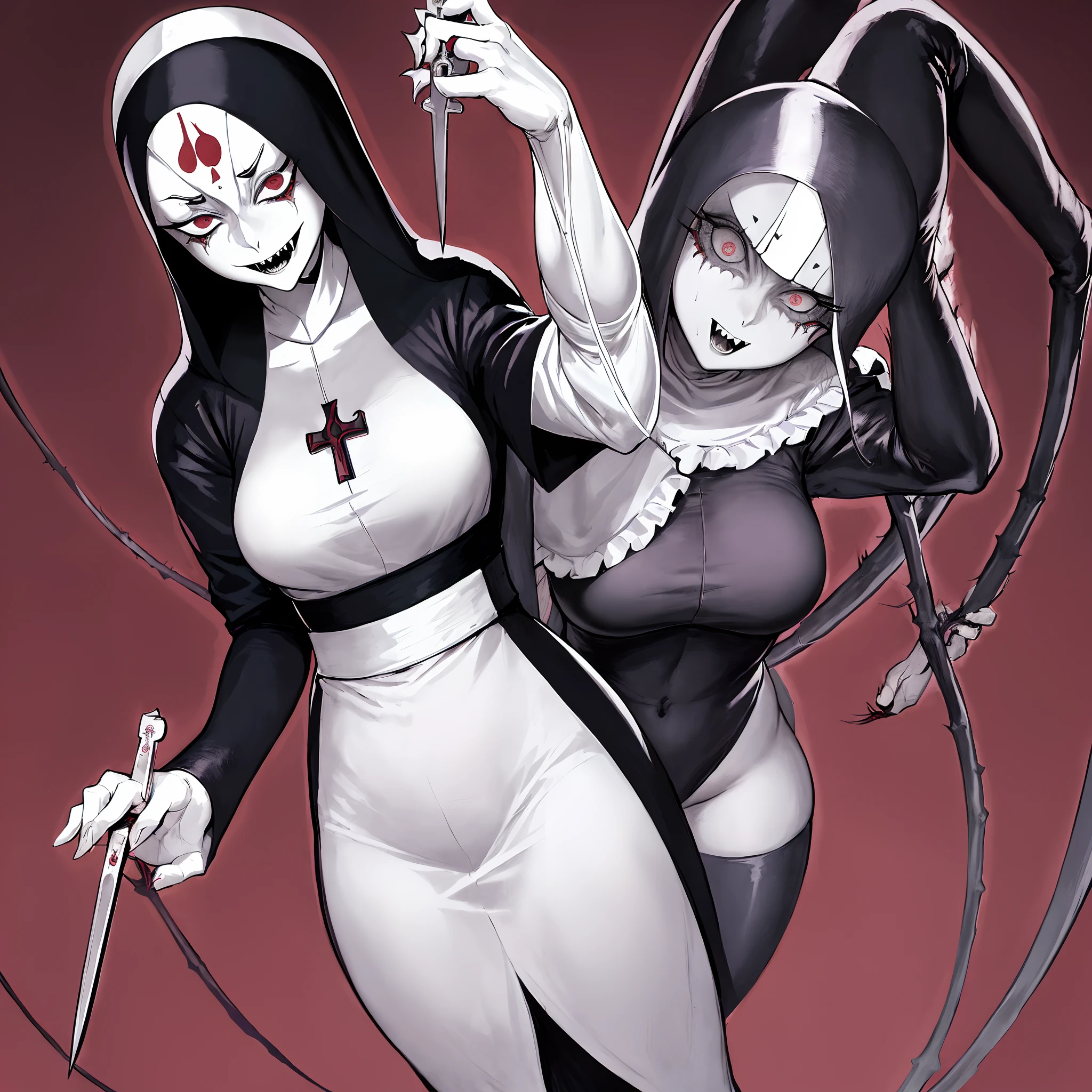 arafed man in a nun costume and a nun with a knife, japanese horror, yusuke murata and junji ito, an evil nun, japanese horror movie footage, gustave dore and junji ito, very scary photo, the conjuring style, vampire nun, horror photo, scary pose, japanese gothic, akehiko inoue and ross tran