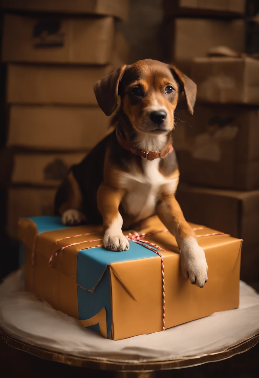 French dog sitting on a cake made of cardboard courier packages, realistic style