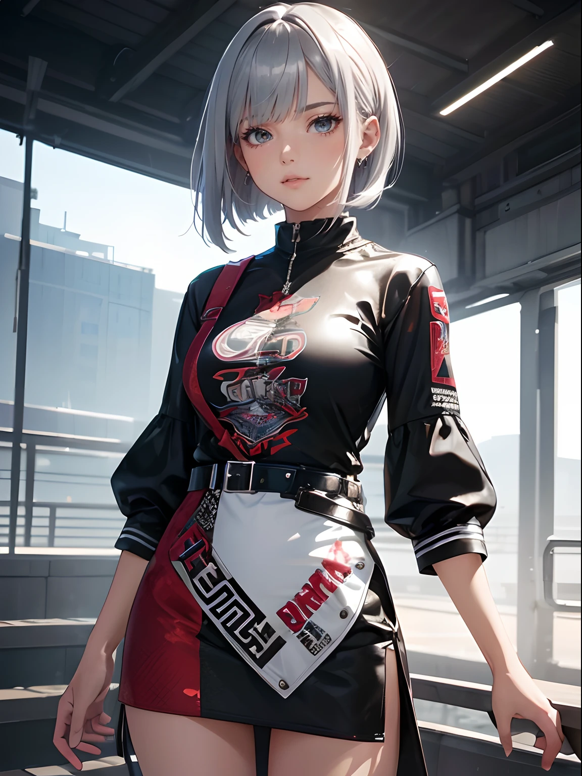 (ultra-realistic, highres, best quality, 4k, professional, cowboy shot), an illustration in Full HD that showcases a 21-year-old girl's cool style. Her Asymmetric Pixie hairstyle, silver hair, and left-facing bangs with red highlights make her stand out. She's dressed in a fashionable dress, exuding confidence and individuality.