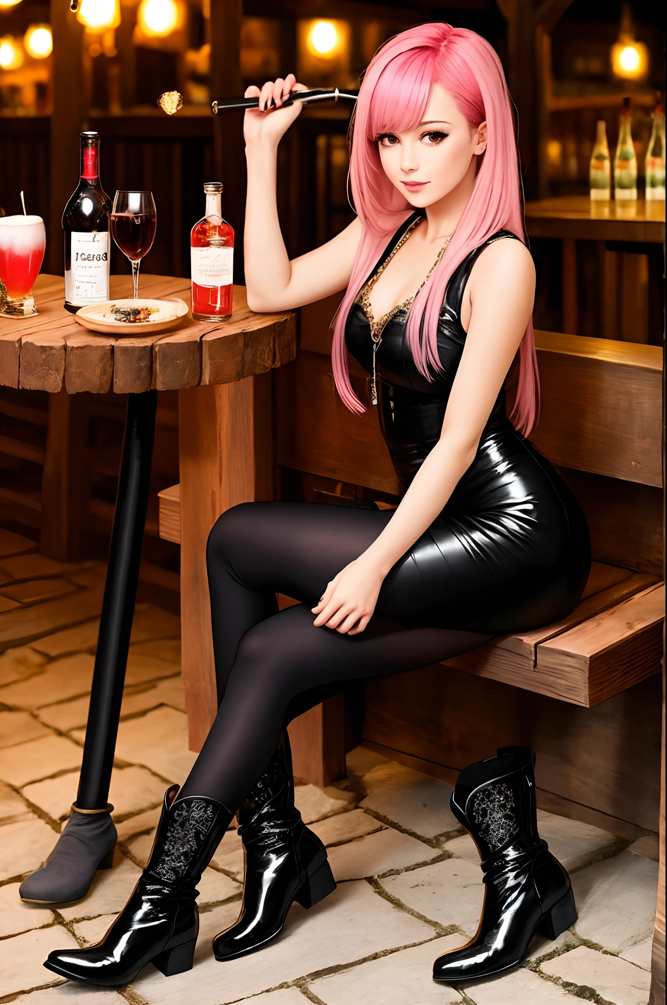 A pink-haired，Medieval tavern，Hot figure，Boots black silk，Playful and cute