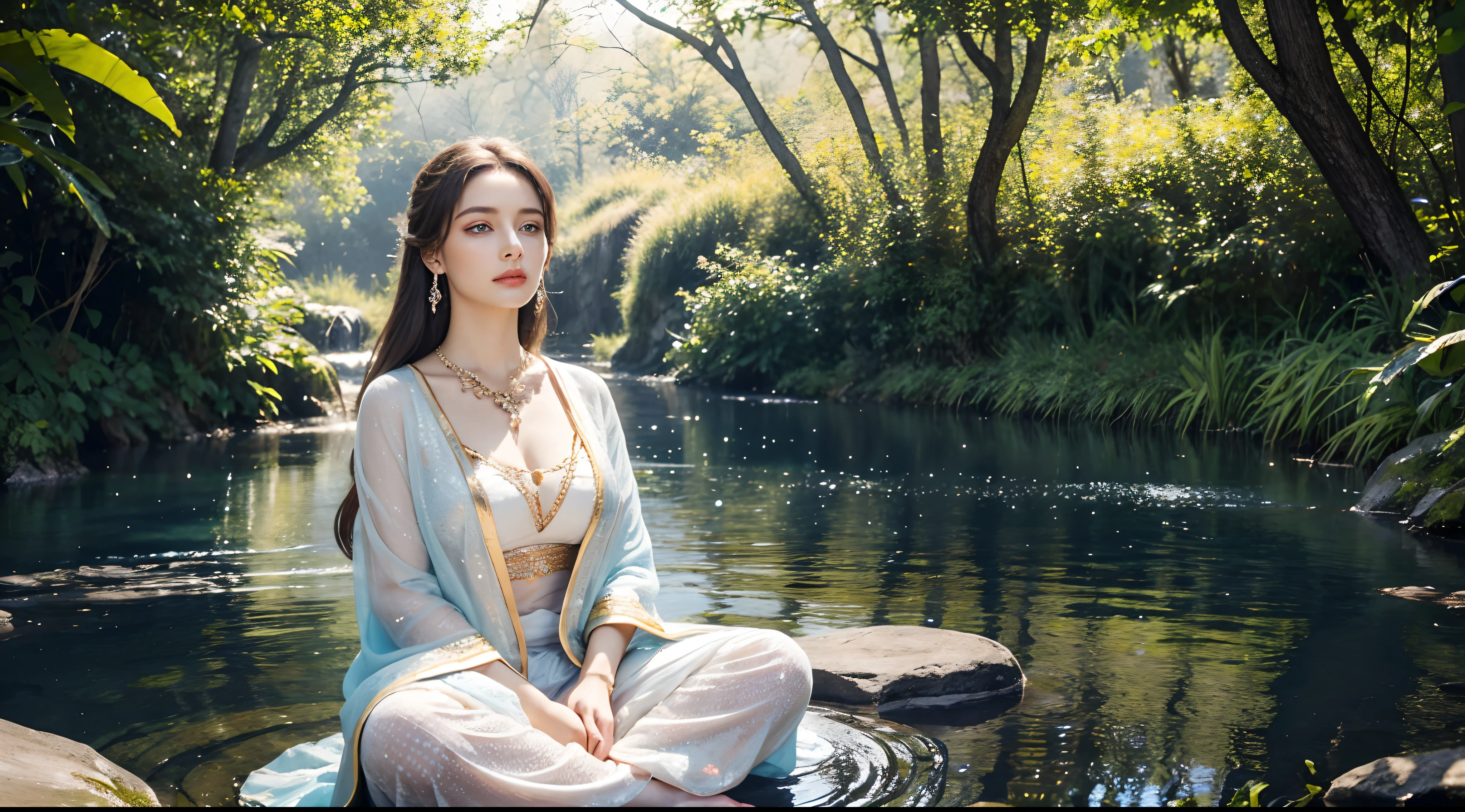 Real photo meditation of a beautiful woman, blue eyes, in pristine nature, with detailed and high detail, glittering with royal gold and diamond jewelry, lights reflecting from the jewelry