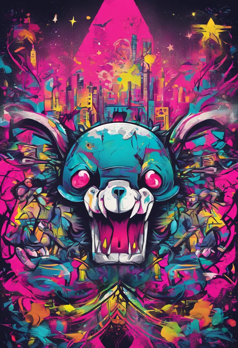 Grafite de um diabo com chifres e uma estrela em um fundo rosa, monstro do graffiti, graffiti painting, arte do grafitti, arte do grafite, grafite estilo selvagem, por Derf, estilo de arte graffiti, bold graphic graphite, Grafite ousado, in graffiti style, tinta grafitti, Graffiti Arte de Rua, arte do spray, grafite pintado com spray, salpicado com arte de grafite, estilo selvagem