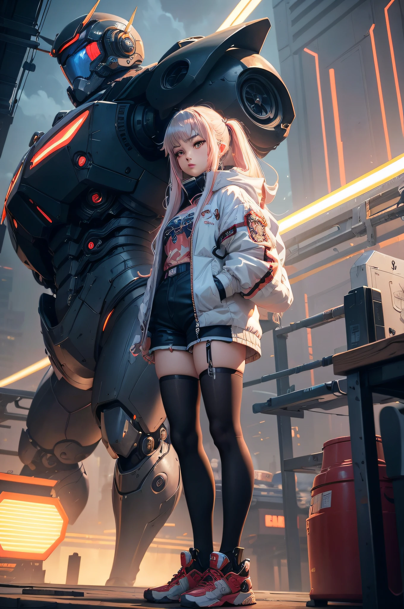 Anime girl in shorts and jacket standing next to big robot、Guweiz style artwork、Girl mecha in cyberpunk anime、trending in CGSTATION、guweiz、By Russell Dongjun Lu、Digital Cyberpunk Anime Art、ros tran 8 k、Art Station Illustration by Gwise - pixiv 、Girl in Mecha Cyber Armor
