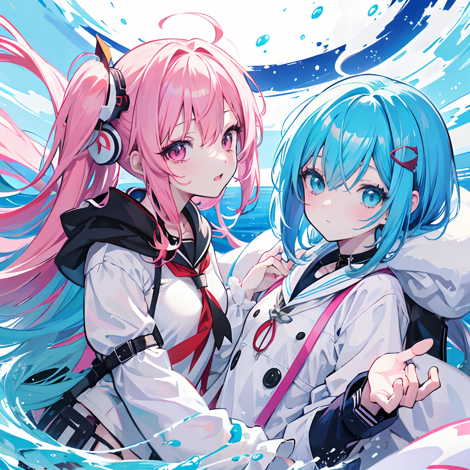 anime characters with different colored hair and white clothes, kantai collection style, 2 d anime style, rimuru and milim, anime girls, anime moe artstyle, white cyan, cyan and magenta, sirius a and sirius b, two beautiful anime girls, anime artstyle, cel shaded anime, azur lane style, rem rezero