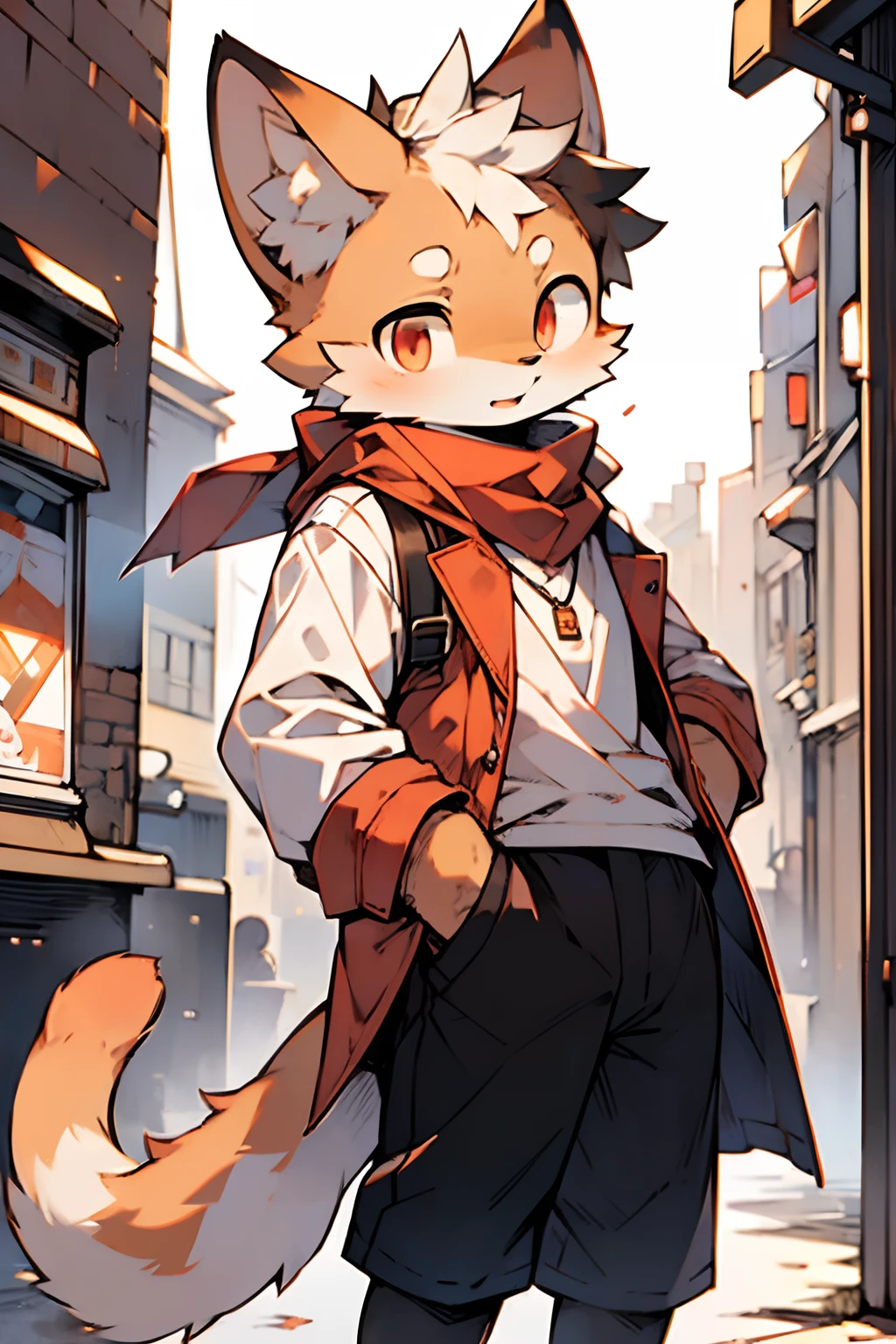 Twentieth century London，Orange cat，Run alone，Light orange fur，Wear a white shirt，Black  shorts，Brown worn-out coat，Red scarf shirt，Red eyes，Put your hands in your blouse pockets（A masterpiece）（high qulity）（Clear structure）（Clear lines）（Background of extreme detail）（extremelydetailedcharacter）