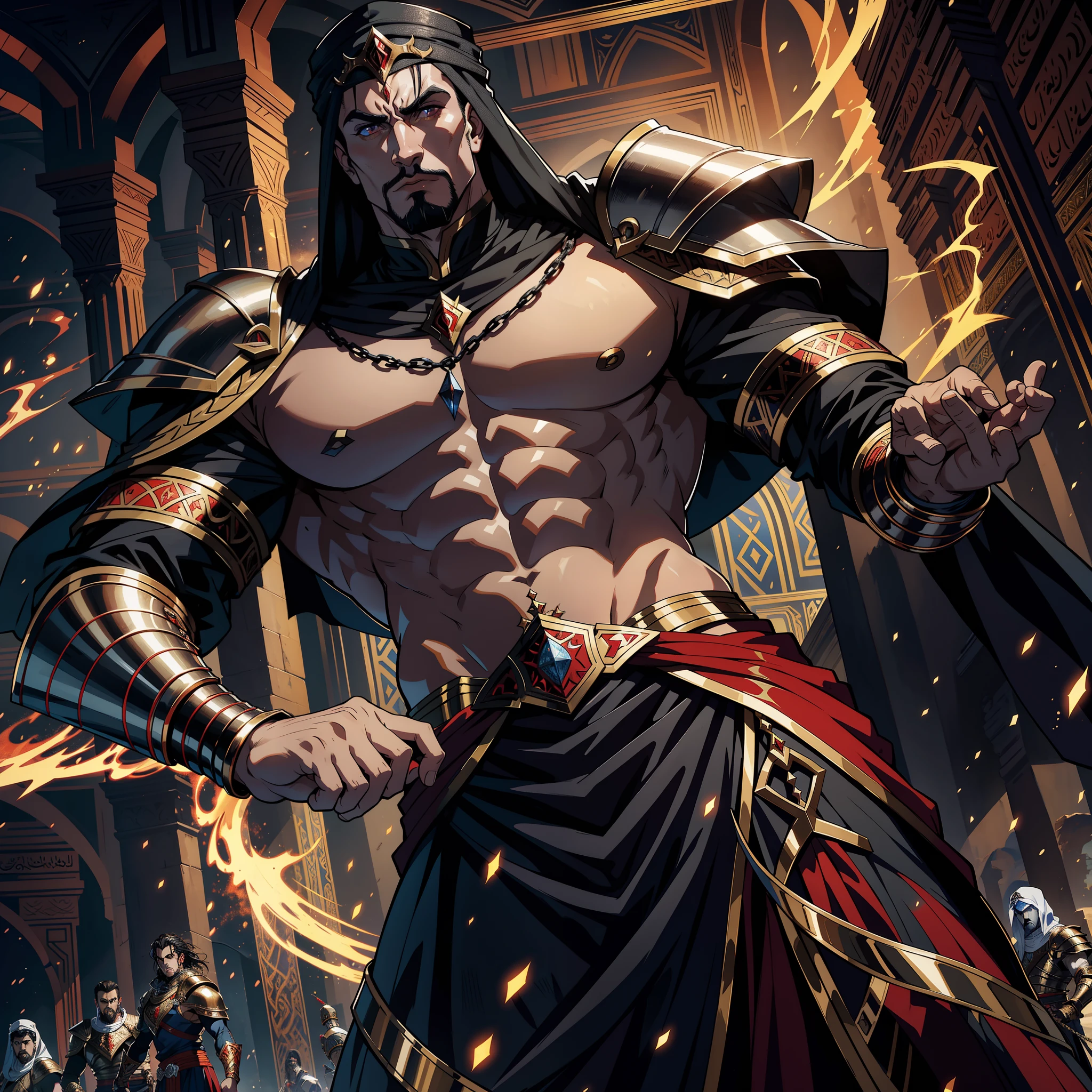 Marocain Arabe Seigneur Musculaire Corps Musculaire Effrayant Visage Dracula Guerrier Marocain Armure Porter Muscle, fearless, Scary handsome man at the head of an army e of djinns 10 demonic djinns around him moroccan war battle atmosphere islamic war morocco environment environment environment environment environment 3d view