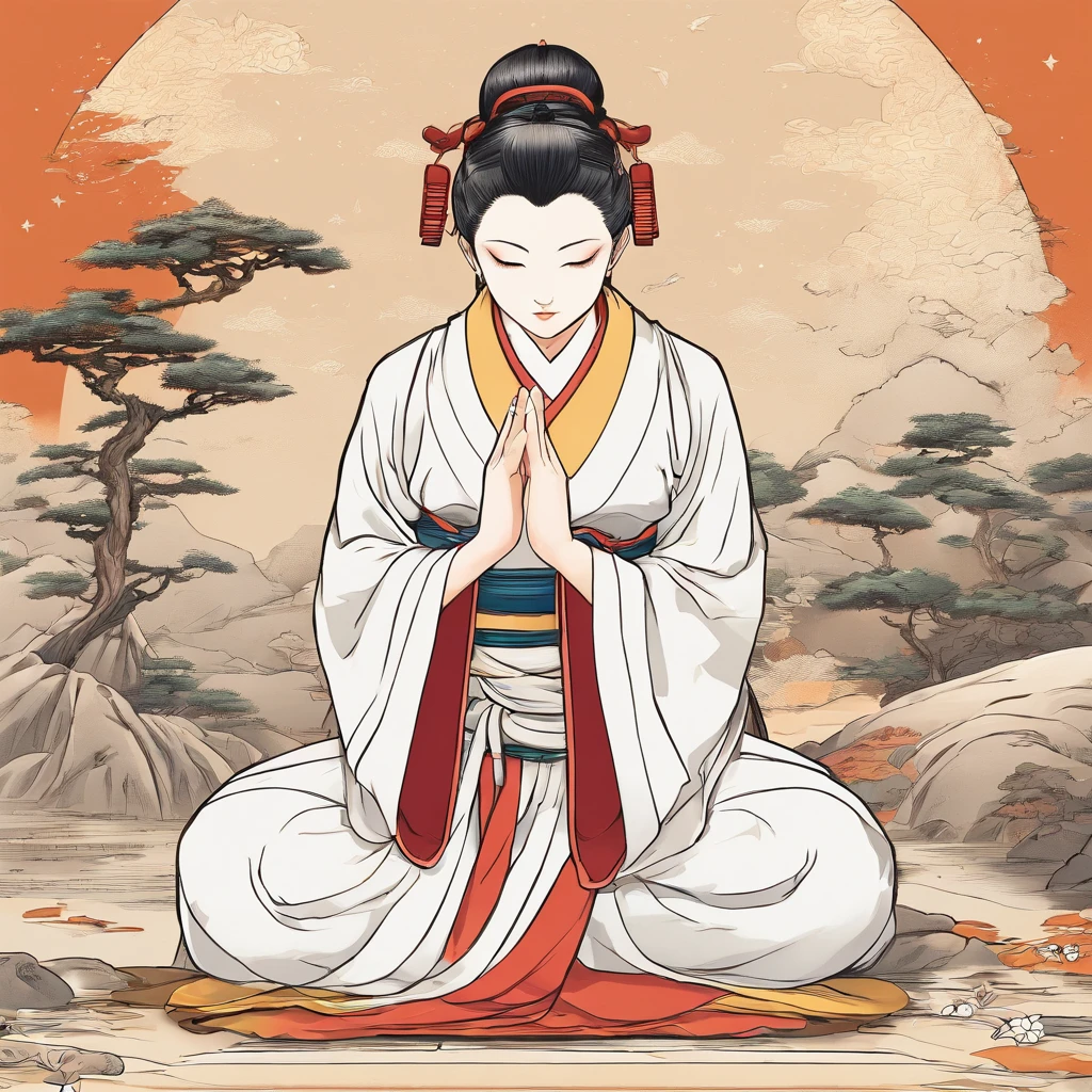 Anime Characters、Full body、masutepiece、top-quality、ukiyoe painting Sharaku Female monk praying