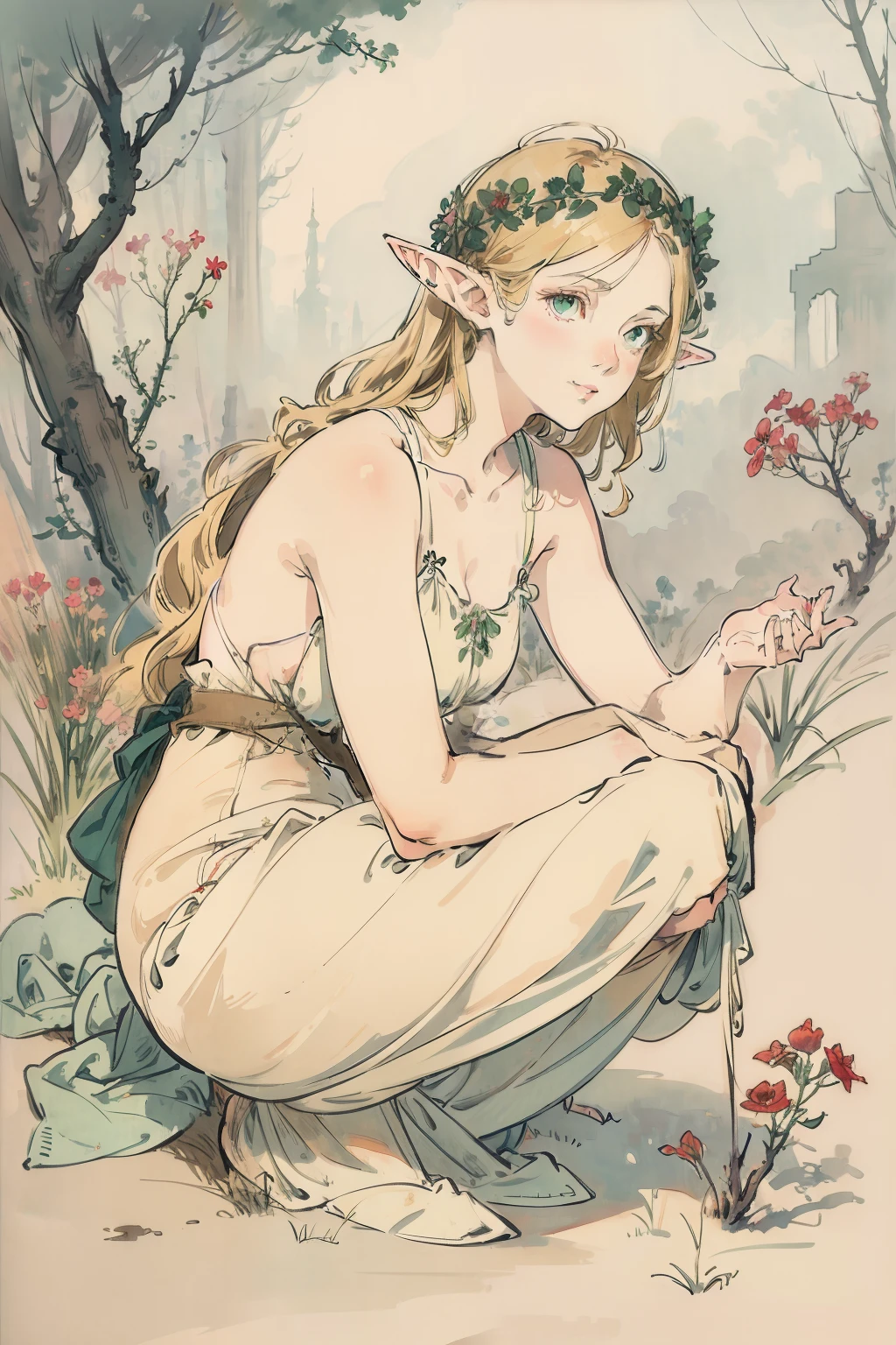 SFW,masutepiece, Best Quality, High resolution, 1girl in, Full body, Details Girl, detail hands, Detail fingers, Detail Face, detail legs, 1girl in, elf, Looking down, Flower Garden, Black sky, smog, watercolor paiting, pale skin, Petite, Blonde hair, Long hair, Wavy Hair, saddened, mournful smile, Green eyes, tareme, medium breasts, white sundress, Bare back, Kneeling, Planting trees