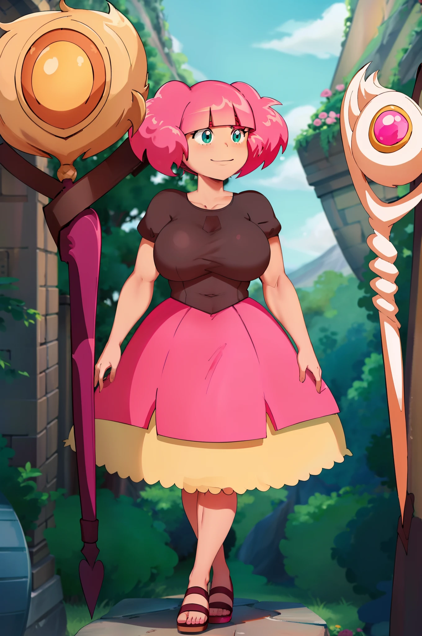Rosemary, cheveux roses, grosse poitrine,smile, staff, full body standing, pink hair, tall, curvy, big breast, pullover, venus body, large skirt,chocovenus, flipflops