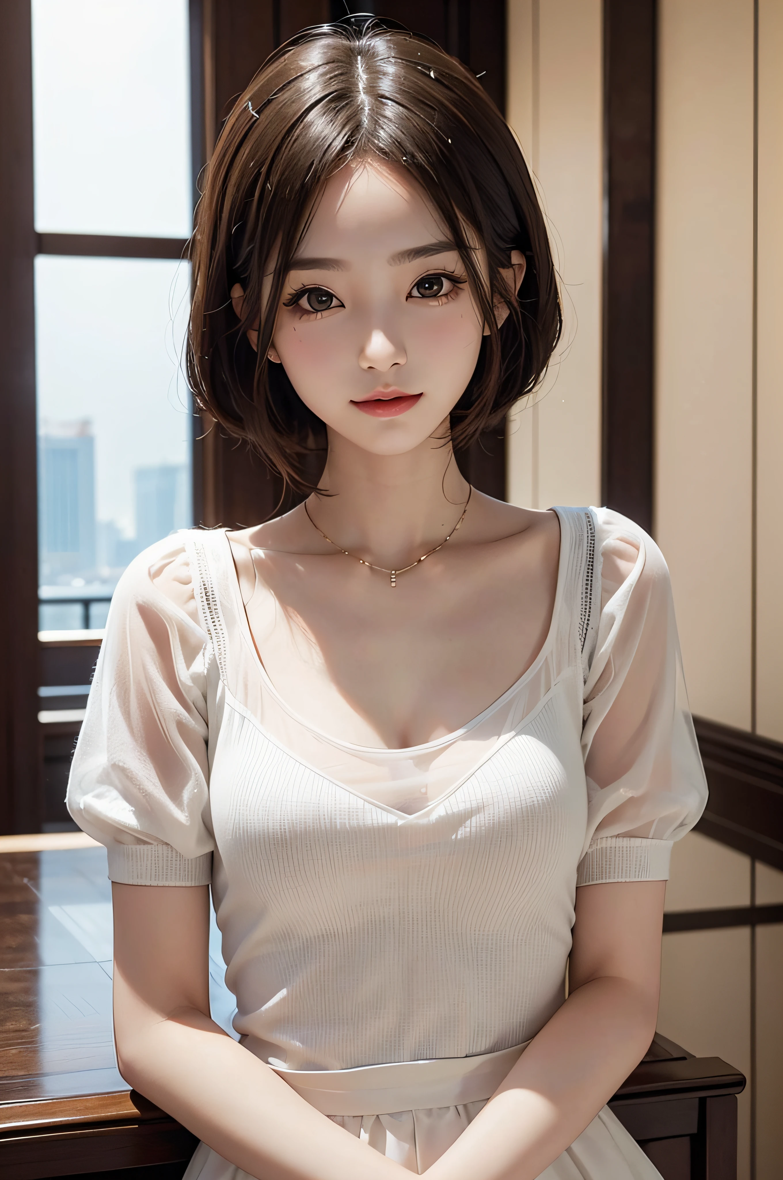 ​masterpiece、Top image quality:1.2、((beautiful young woman with))、Transparent skin:1.2、{A slight smil}、(kawaii)、Transparent short sleeve knit:1.2、luxury hotel、depth of fields、Sharp Focus:1.5、Fine details