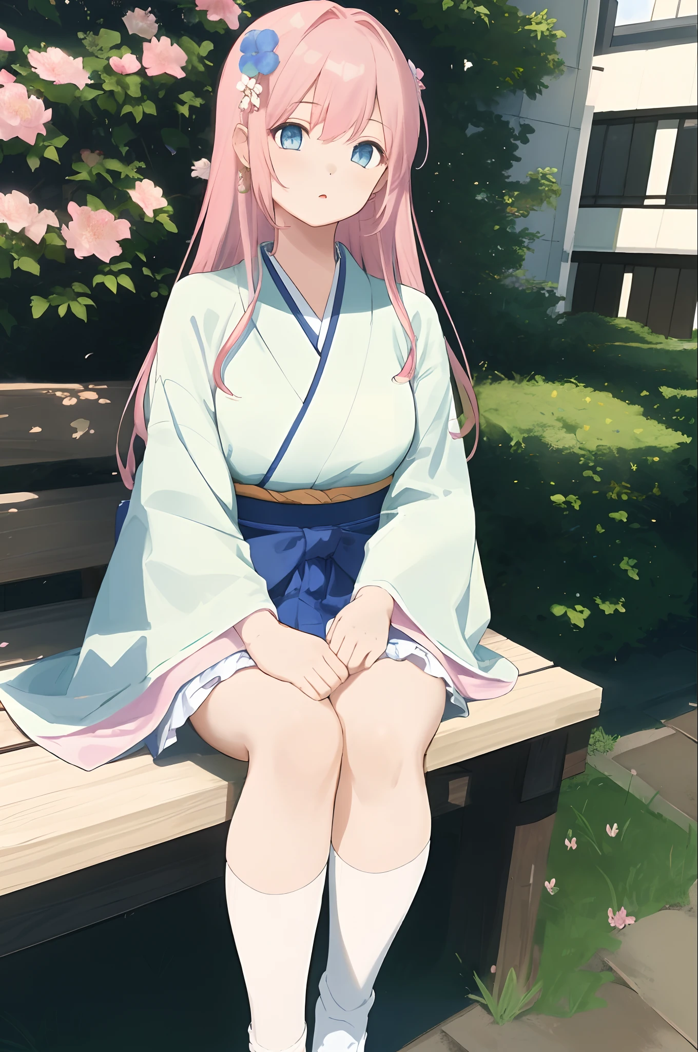 1girl、独奏、Japan clothes、sitted、length hair、white sock、blue eyess、sockes、florals、kimono、looking at the spectator、A pink-haired、Bow、plein air、pink flowers、bangss、skirt by the、hair adornments、wide sleeves、bushi、tabi、long-sleeve