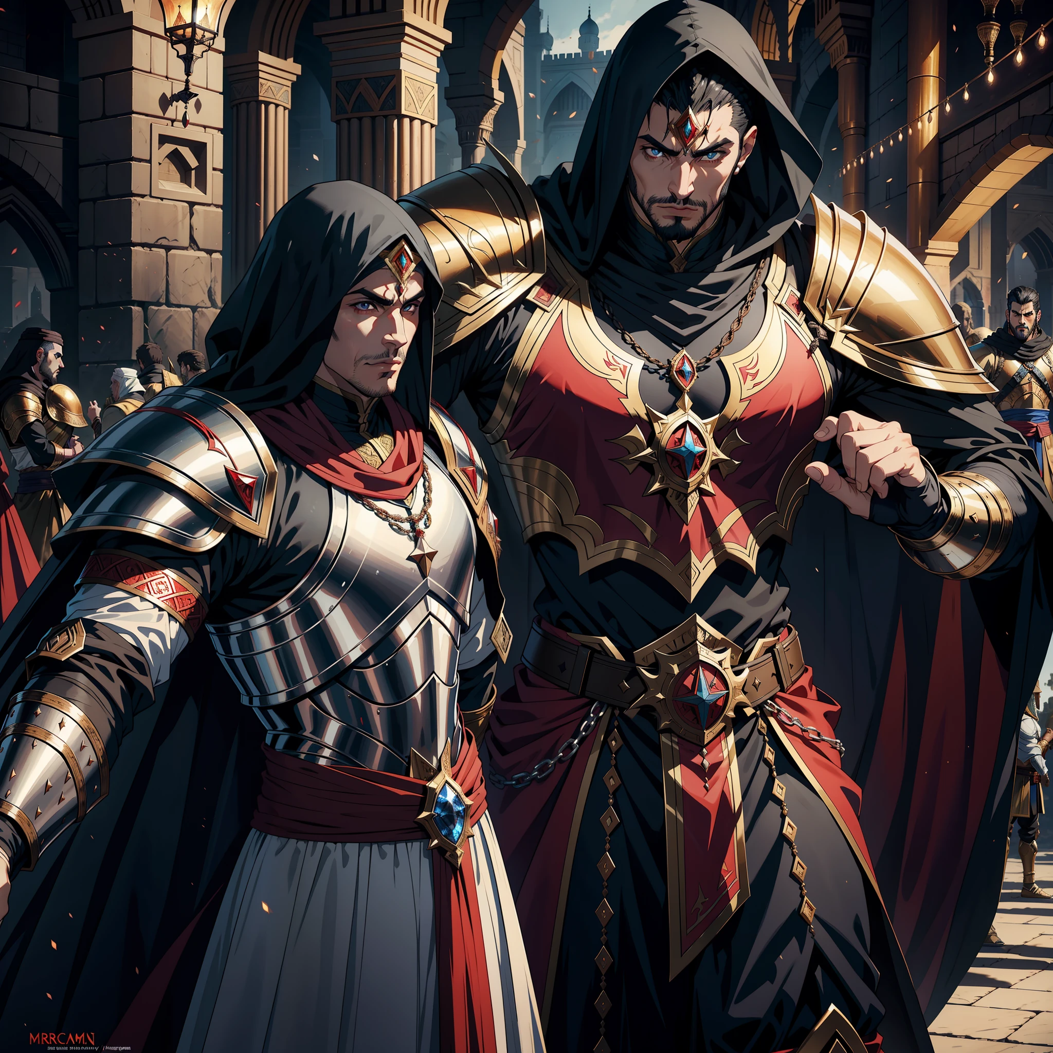 Arab Lord Dracula handsome muscular fierce Moroccan beautiful muscular full Islamic full Moroccan armor full armor leather armor Wear hyper realistic super detailed Dynamic shot centerpiece cinematic scene scenes movie Epic Legendary Lord Moroccan going to fight in battle battle atmosphere