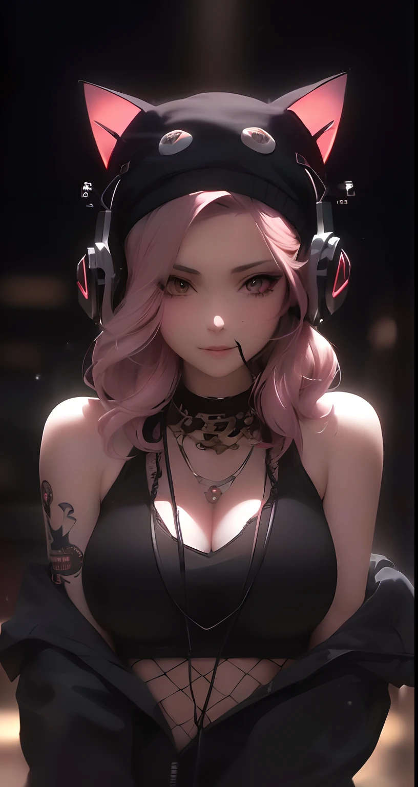 Chica anime con auriculares y orejas de gato sentada en el suelo, Obras de arte al estilo de Guweiz, Estilo anime 4K, Arte detallado de alta calidad 8K, Anime style. 8k, Ross Tran 8 K, Chica de anime cyberpunk, Arte digital cyberpunk anime, Arte detallado del anime digital, Arte de anime digital, Arte digital detallado 4K, digital anime illustration