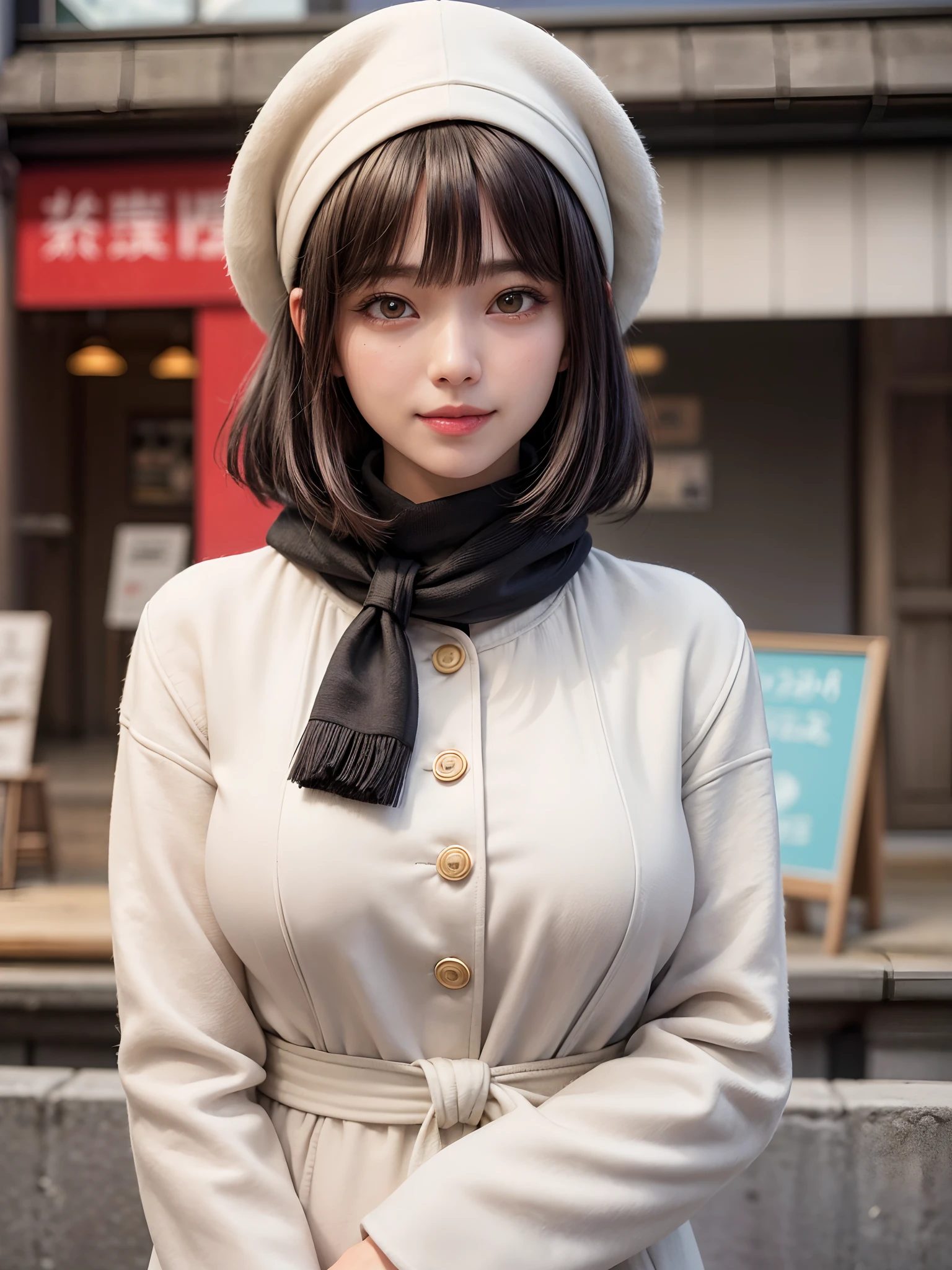 (masutepiece, top-quality),1girl in, 独奏, Black lustrous hair, scarf, Hats, realisitic, looking at the viewers, black eyes of light color, shorth hair, coat, Winter clothes, White headscarf, s lips, lipgloss，bangss,, a closed mouth, The upper part of the body、big eye、Lashes、((Street))、((Shorthair with bangs、big eye、Put very strong highlights in your students、very Bigger breasts、gazing at viewer、Very beautiful beauty、Put out all your ears、long neck、little smiling、Close your mouth and smile、Look firmly at the camera)))、