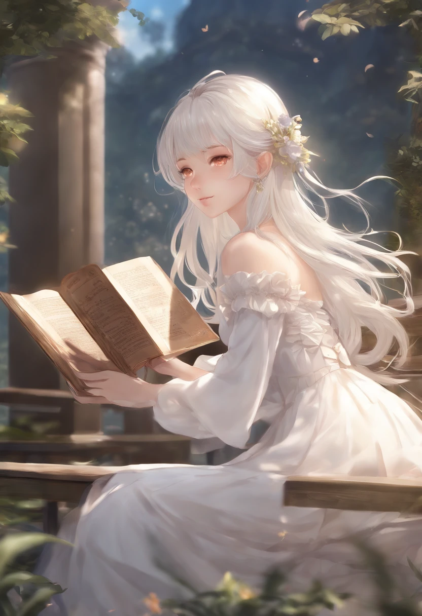 anime girl sitting on a bench reading a book, white haired deity, cute anime waifu in a nice dress, anime visual of a cute girl, beautiful fantasy anime, anime goddess, ethereal anime, old artbook, guweiz, artbook artwork, beautiful anime girl, light novel cover art, epic light novel art cover, beautiful anime art, anime in fantasy style