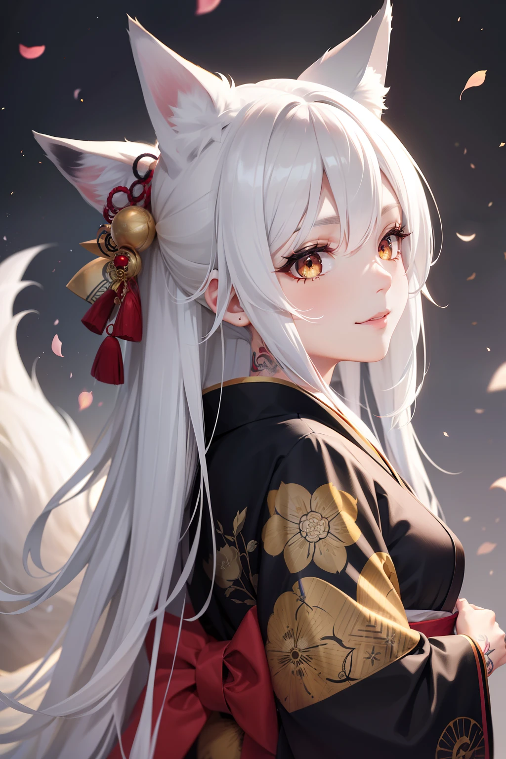 Adult Woman, Long white hair, Fox ears, fox tails, Golden Eyes, Black and white eyes, Kimono, ssmile, masutepiece, hiquality、Tattoos on the face