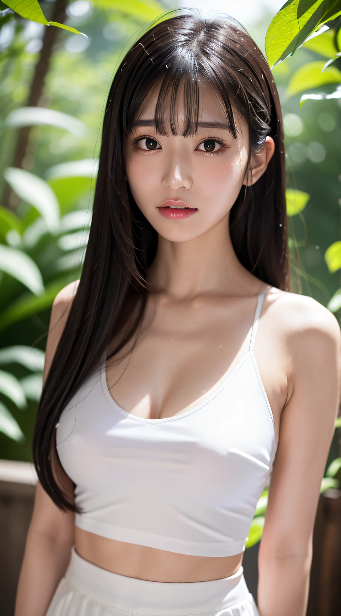(Best Quality, masutepiece, Ultra HD: 1.3), 1womanl, (middlebreasts), light black hair, Blunt bangs, hair behind ear, hair over shoulder, (Long hair),( slender body shape), (Ultra Fine Face), Delicate lips,(beautidful eyes), thin blush, Black eyes, (perfect glossy skin, flawless skin, Glistening sweat:1.3),鎖骨, View here, hide one's hands, White tops, White tight skirt, (Wet:1.5),bustshot,Broad-leaved forest