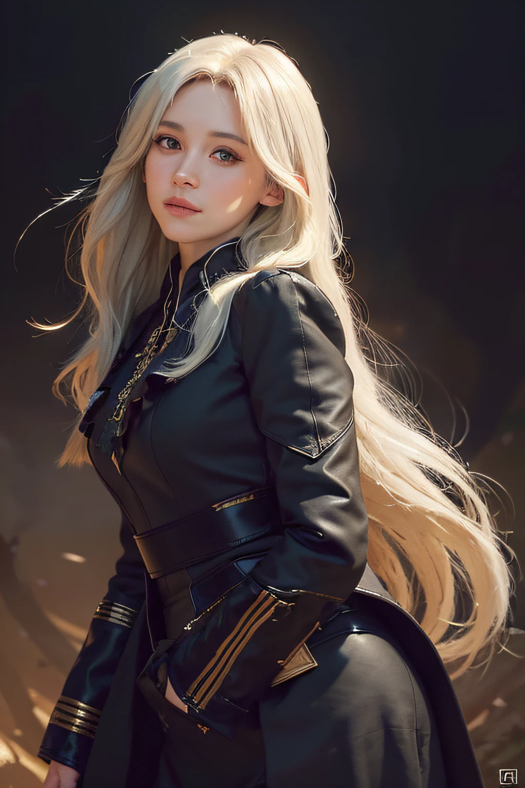 (front focus),(in the dark:1.6), Hyperrealist portrait of female by david hockney and alphonse mucha,fantasy art, photo realistic, dynamic lighting, artstation, poster, volumetric lighting, very detailed faces, 4 k, award winning,, 1girl, in the dark, deep shadow, low key,cowboy shot,(official clothing:1.4) ,long hair,white hair,