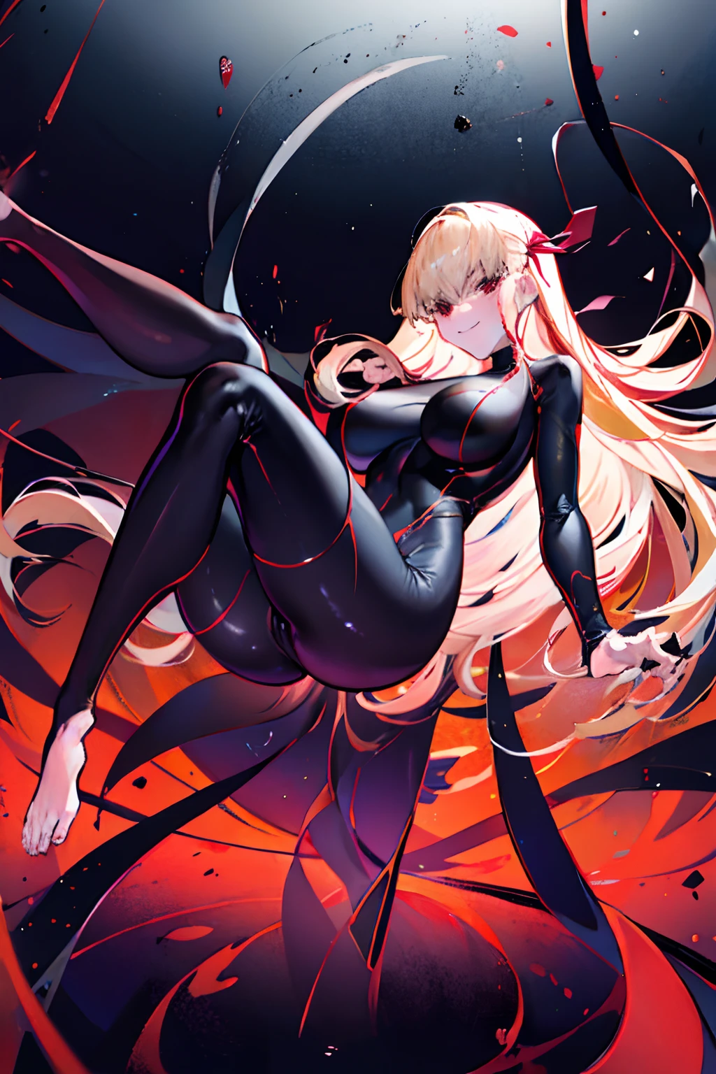 a blond Black full body suit Red lines all over the body huge tit Big ass Whip thighs bare-legged seductiv a smile Hypnotic state succubus