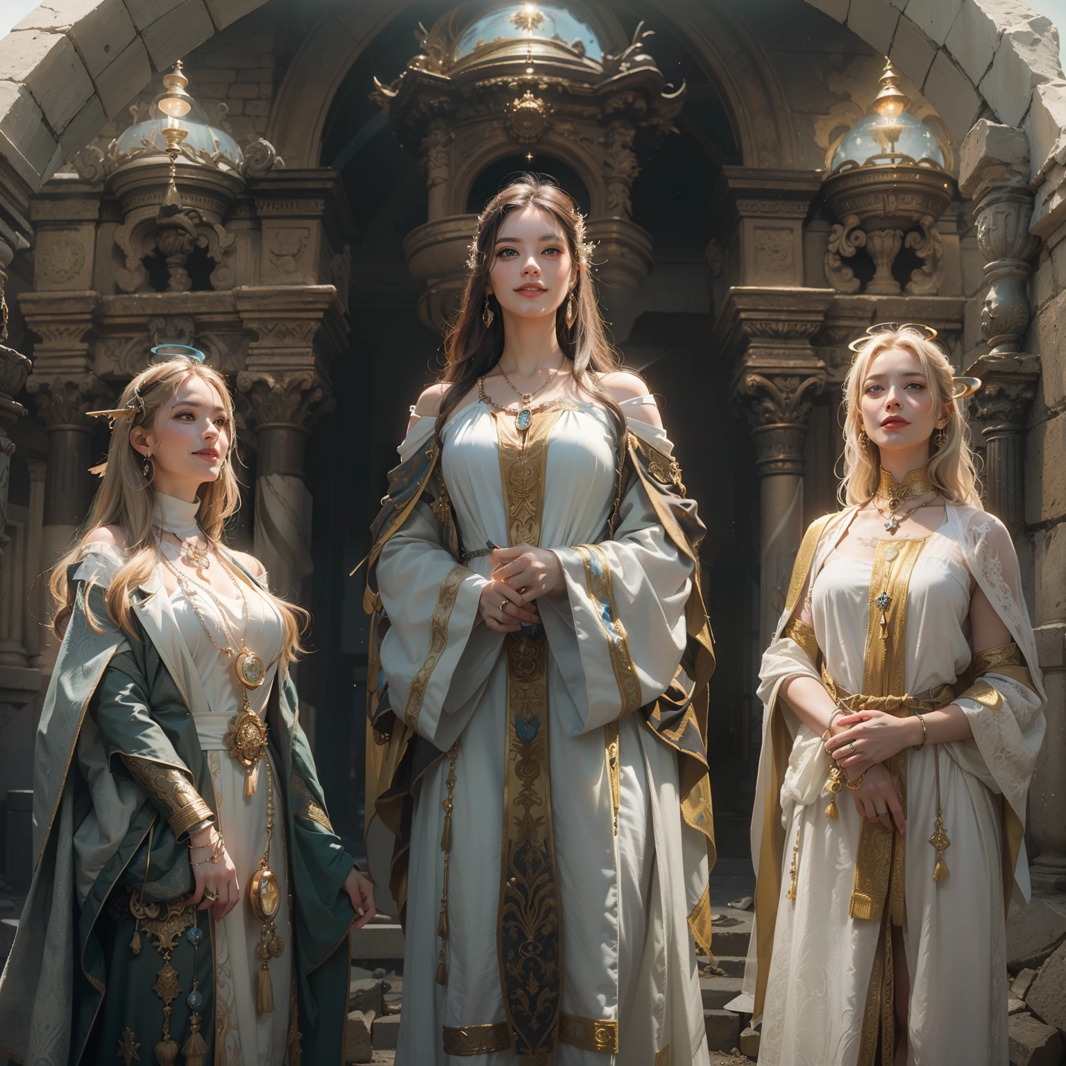 (Numerous masterpieces, Award-winning, with incredible detail, Textures and maximum detail), (hyper realistic:1.4), (Realistic:1.3), (Full-length standing image:1.5), (best quality real texture skin), ((The Medieval World)), finely detailed eyes, finely detailed face, (Female clergy in white), (Female priestess in white), (Female clergy in black), (Female priestess in black), gentle eyes, (She has a mischievous smile on her face:1.4), Friendly and girlish face, (Some angels hover overhead), Glass earrings on the ears, (Dramatic photo:1.6), Majestic cloudy masses and the sky shine, (Mysterious light), (Halo-optical phenomenon:1.5), (Sacred Light), twilight, Sunset, nightfall, (Dramatic light), (A majestic sight), (Her expression is serene, Full of tenderness and very beautiful), (Noble posture), (Golden hair, Silver hair, brown-hair), ((full-length portrait)), ((Looking Up)), ((Looking down)), (Around her neck is a simple and sacred necklace of exquisite workmanship), The large building of the temple, Old ruins, teeming with plants, The Great Temple, The Great Cathedral, The Great Shrine, Ruins of the temple, Detached temple, (Glowing Magic Circle), Ruins of an ancient castle, Abandoned ruins, Crushing ruins, Ancient ruins with clear water, Wavelets, Plumbing,