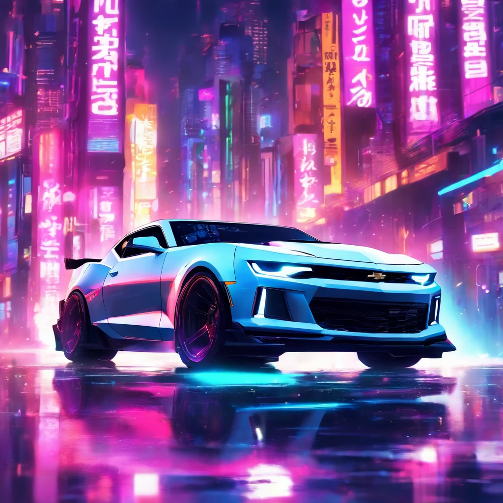 a white chevrolet camaro is shown in a cyberpunk city background, white metallic, high quality picture, cyberpunk city bg, full view of a sport car, hyper realistic ”, hyper realistic”, titanium white, 3/4 front view, front profile, ad image, top down angle, easy, glossy white, cyberpunk city backround, cyberpunk city background, with sleek lines and a powerful