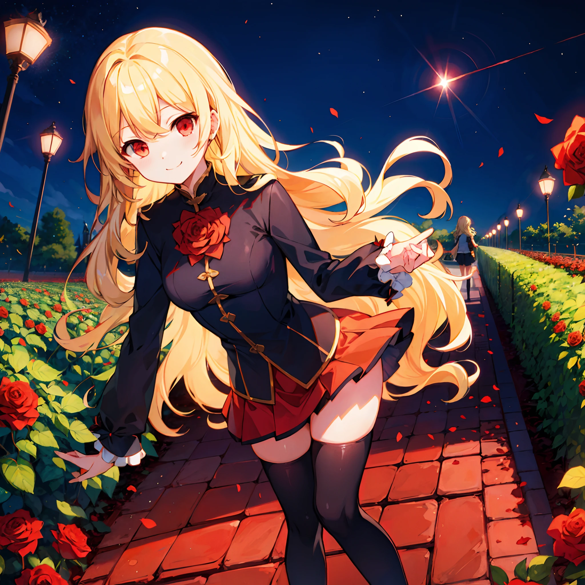 Wavy blonde、red eyes、Beautiful girl alone、a miniskirt、Black tights、a smile、Rose Garden
