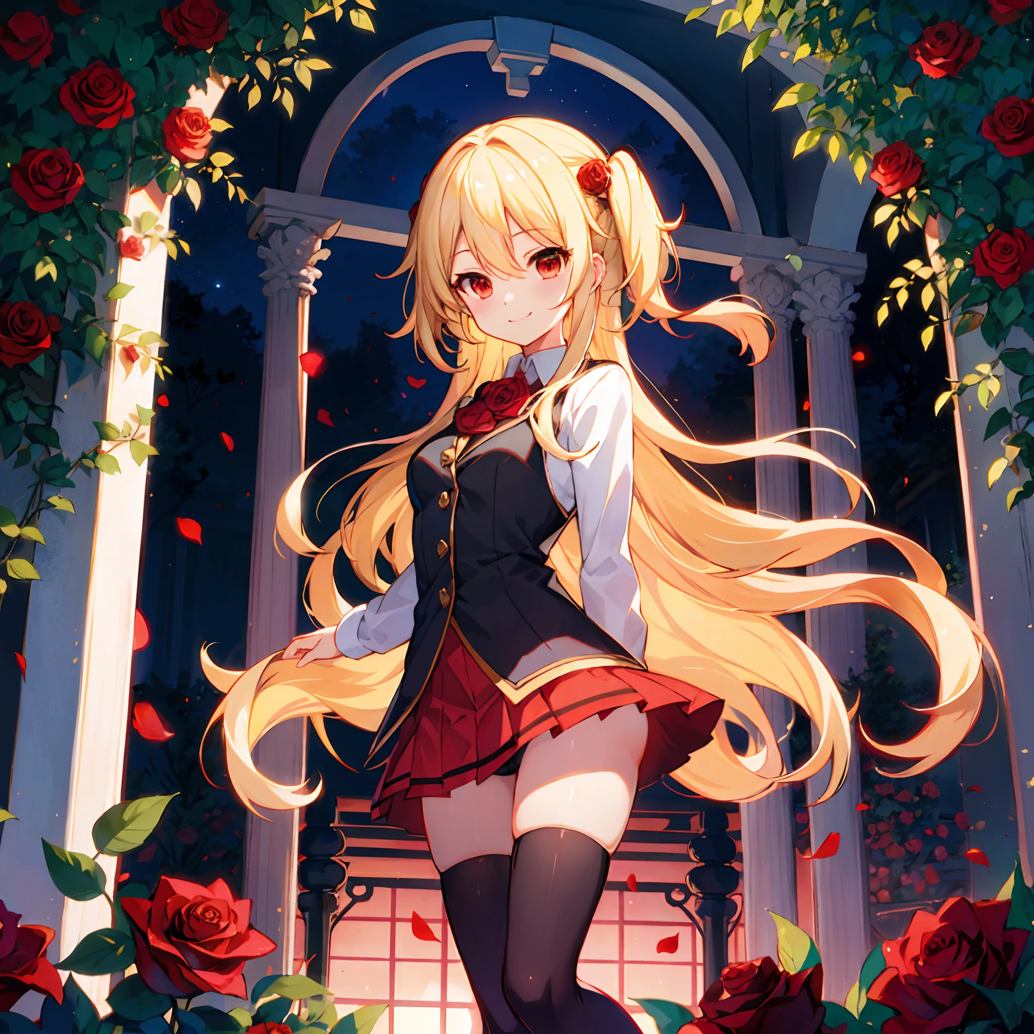 Wavy blonde、red eyes、Beautiful girl alone、a miniskirt、Black tights、a smile、Rose Garden