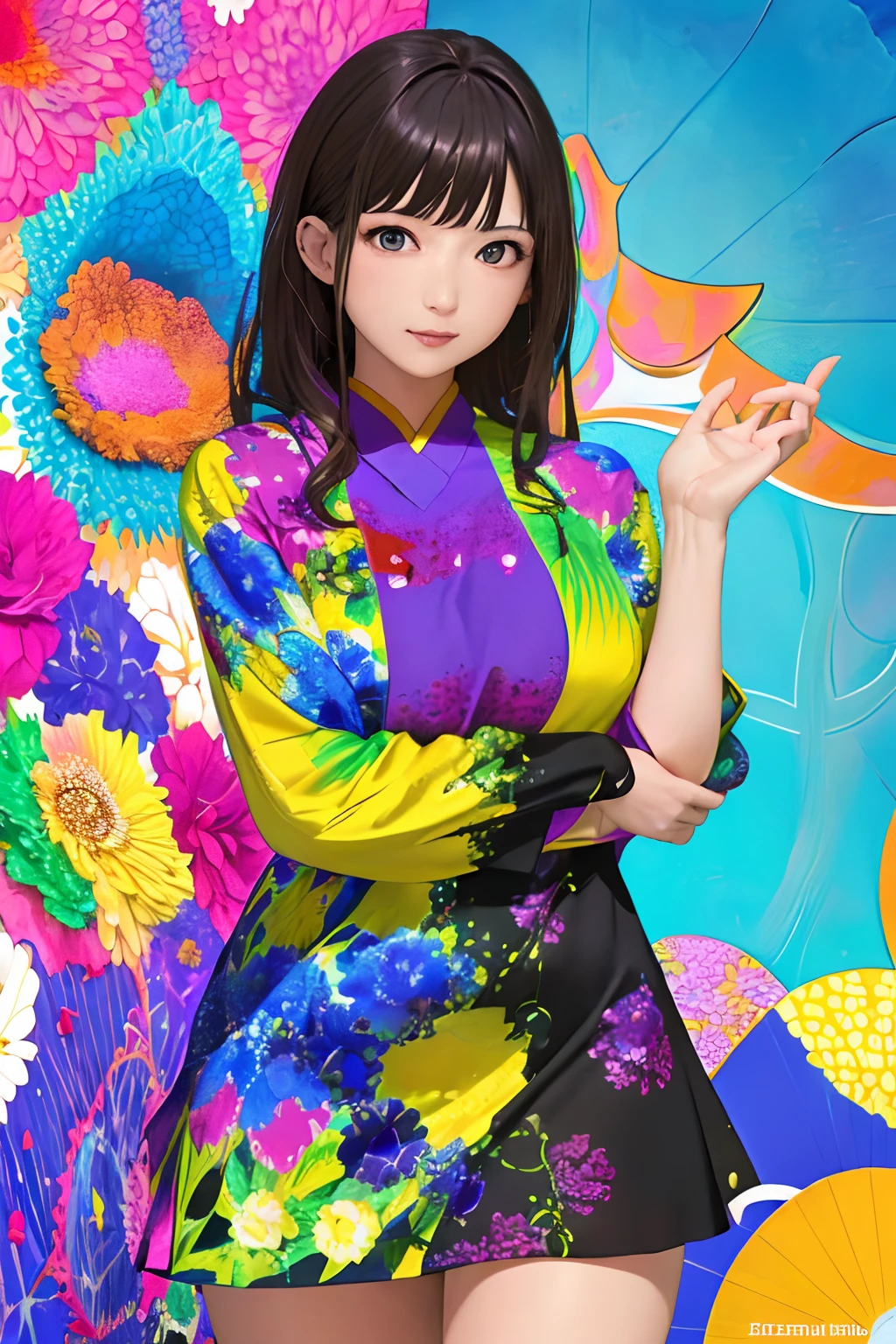 (masterpiece、top-quality、hight resolution、Official art、Beautifully Aesthetic:1.2)、(One girl:1.3)、A highly detailed、(Photorealsitic:1.4), (◯◯Color hair:1.2), (Fractal Art:1.1)、Realistic, (colourfull:1.1), (florals:1.3)、The most detailed、highestdetailed, (Zentangle:1.2)、(Dynamic Poses)、(Abstract background:1.3)、(Dress well:1.2)、(shinny skin)、(Many colors:1.4)、、(耳Nipple Ring:1.4)