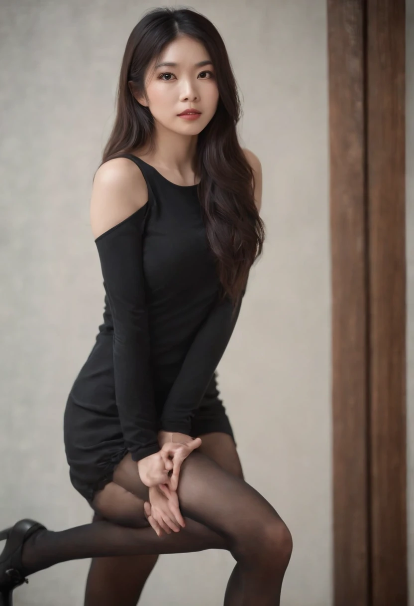japanes Black hair long hair Woman in a slightly naughty pose wearing black tights