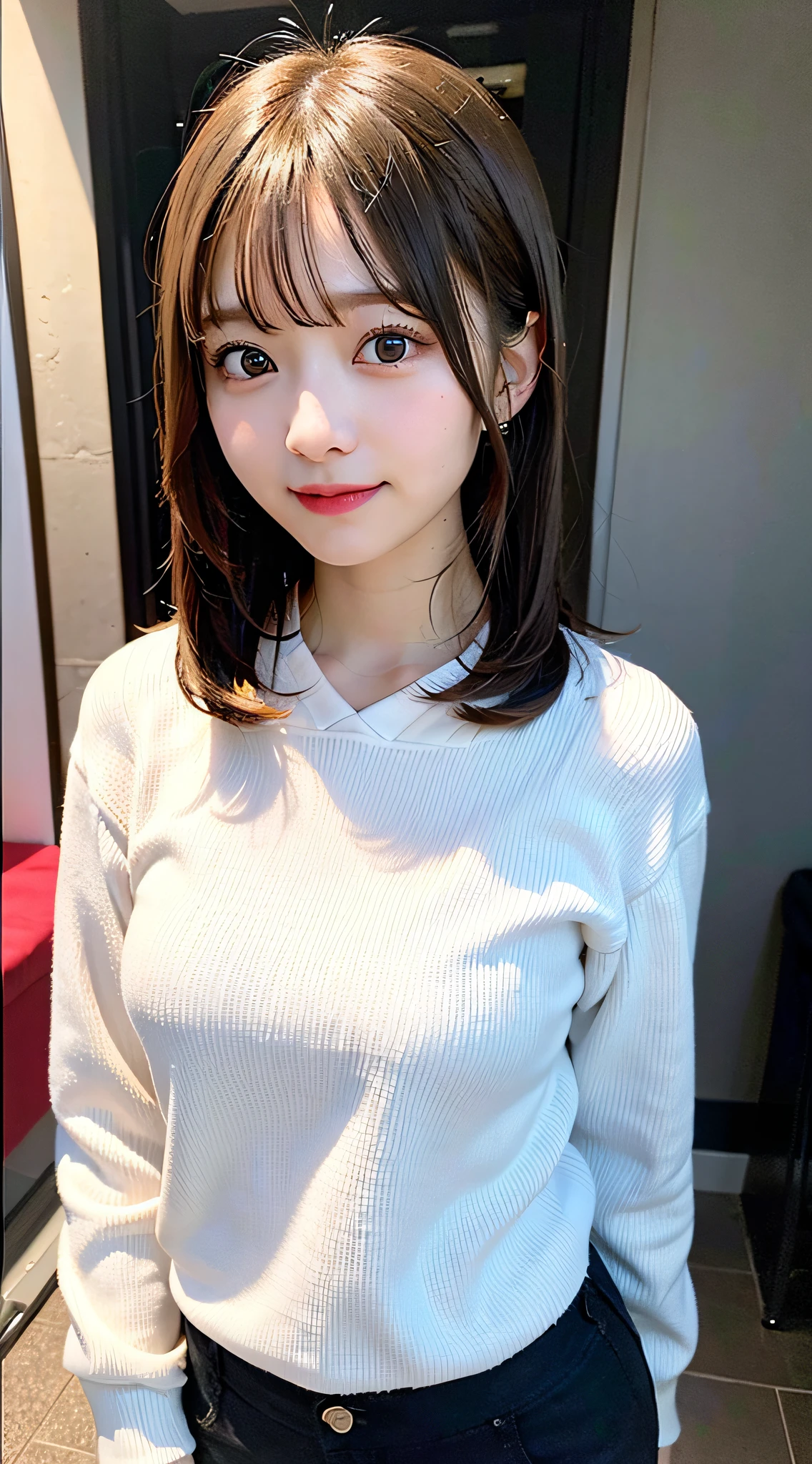 Adorable, 19 years old, Japanese, upper_body, (White blouse), Curly Hair, ,Earrings, RAW Photos, Highest quality, (Photorealistic), blush,(smile:0.8)